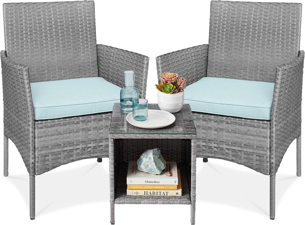 Best Choice Products 3-Piece Outdoor Wicker Conversation Bistro Set, Space Saving Patio Furniture for Garden w/Side Table - Gray/Pastel Blue