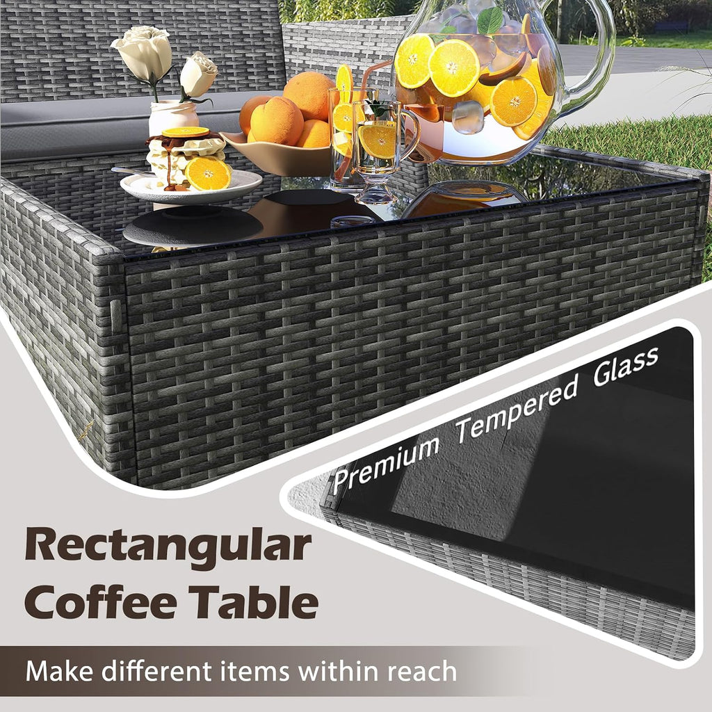 RELAX4LIFE 8-Piece Patio Furniture Set - Rattan Outdoor Conversation Bistro Set w/Cushions, Glass Coffee Table, Wicker Chairs & Loveseat for Garden Backyard Porch, Balcony Furniture Set (2, Mix Grey)