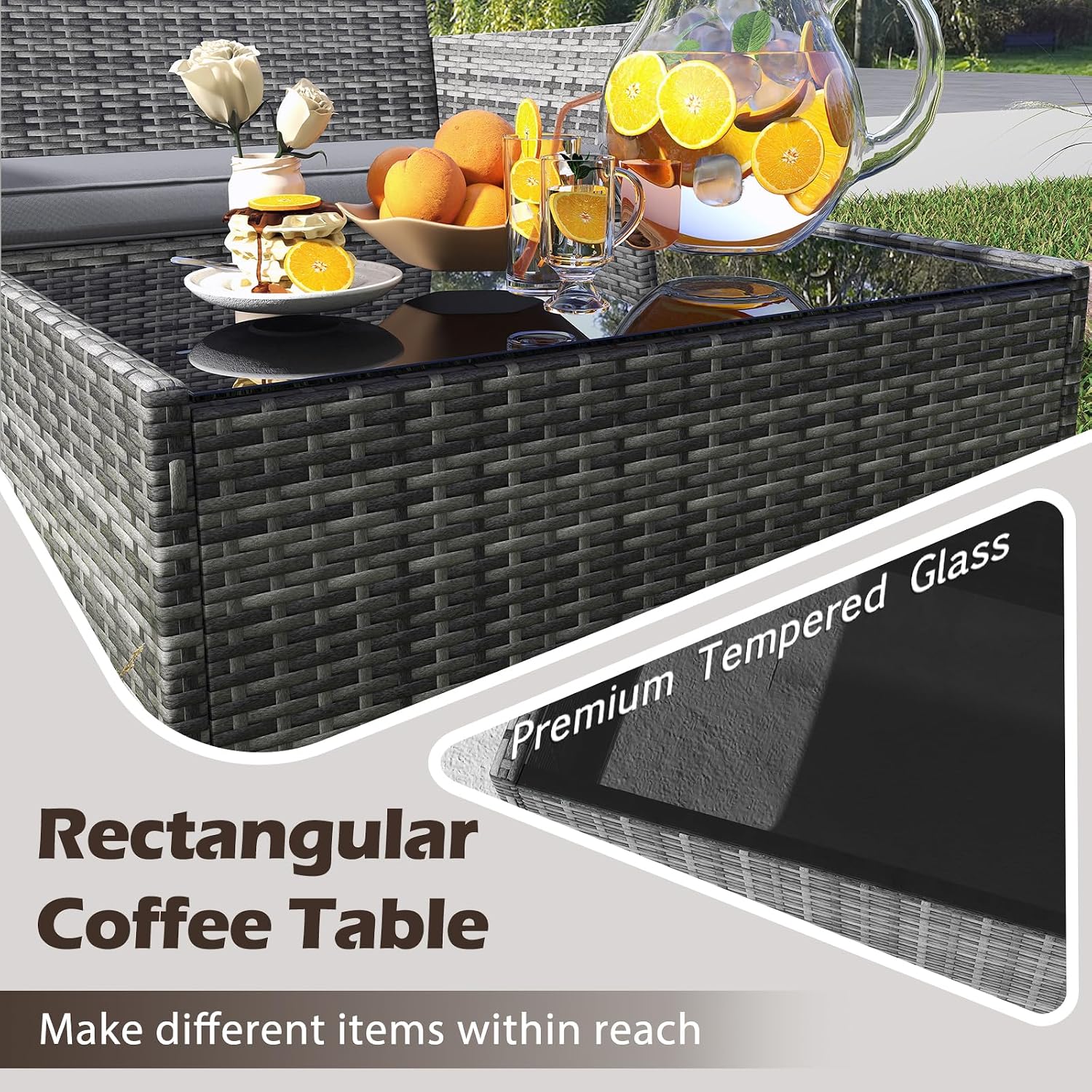 RELAX4LIFE 4-Piece Patio Furniture Set - Rattan Outdoor Conversation Bistro Set w/Cushions, Glass Coffee Table, Wicker Chairs & Loveseat for Garden Backyard Porch, Balcony Furniture Set (1, Mix Grey)
