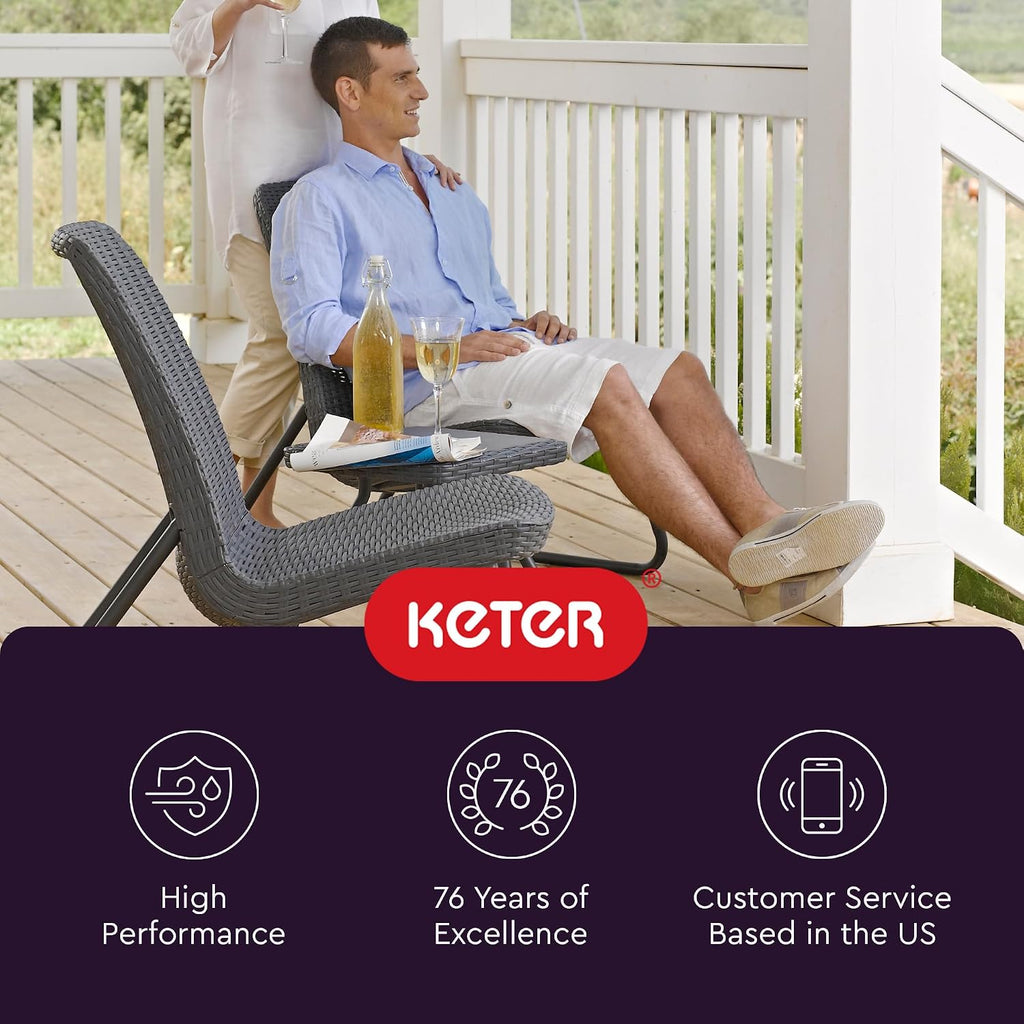 Keter Rio 3 Piece Resin Wicker Patio Furniture Set with Side Table and Outdoor Chairs for Front Porch and Backyard Decor, Dark Grey
