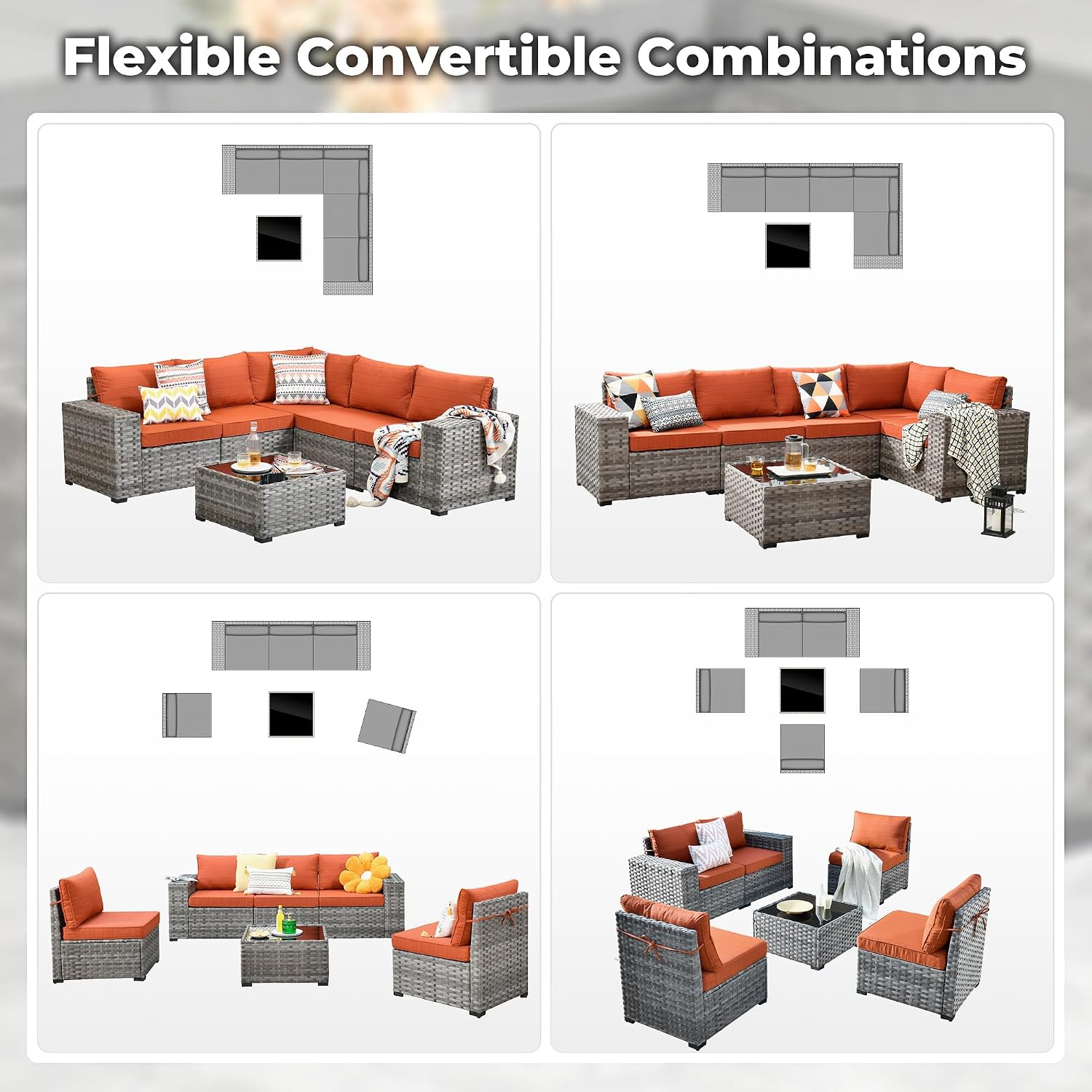 ovios 6 Pieces Patio Furniture Set, Outdoor Wicker Sectional Sofa with Coffee Table Comfy Cushions, Modern Modular Deep Seat Couch Rattan Conversation Set, Orange Red