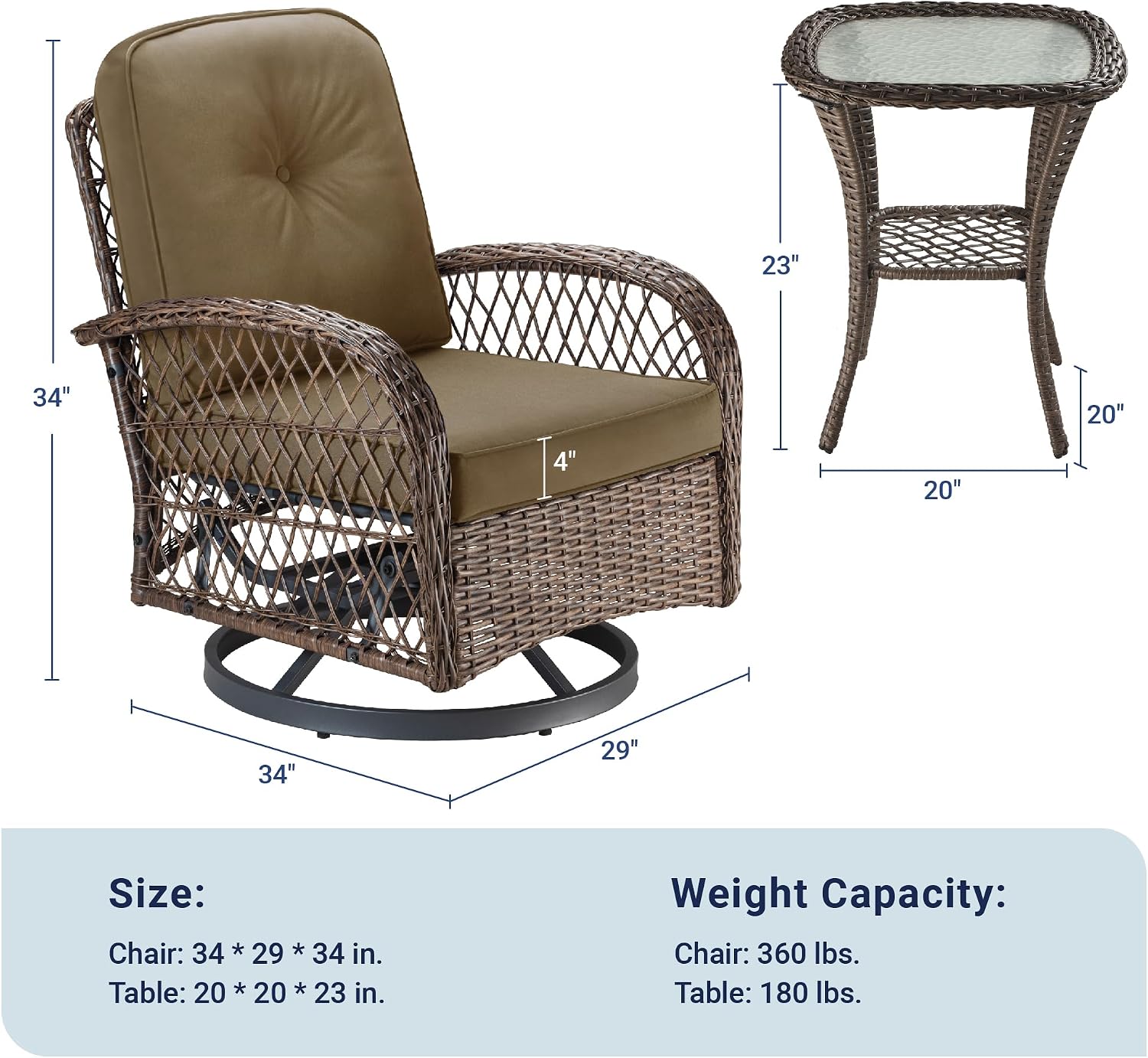Allewie Patio Furniture Set, 3 Piece Wicker Patio Bistro Set Swivel Rocking Chairs Set of 2 with Coffee Table Outdoor Rattan Conversation Chairs for Porch Backyard Poolside, Khaki