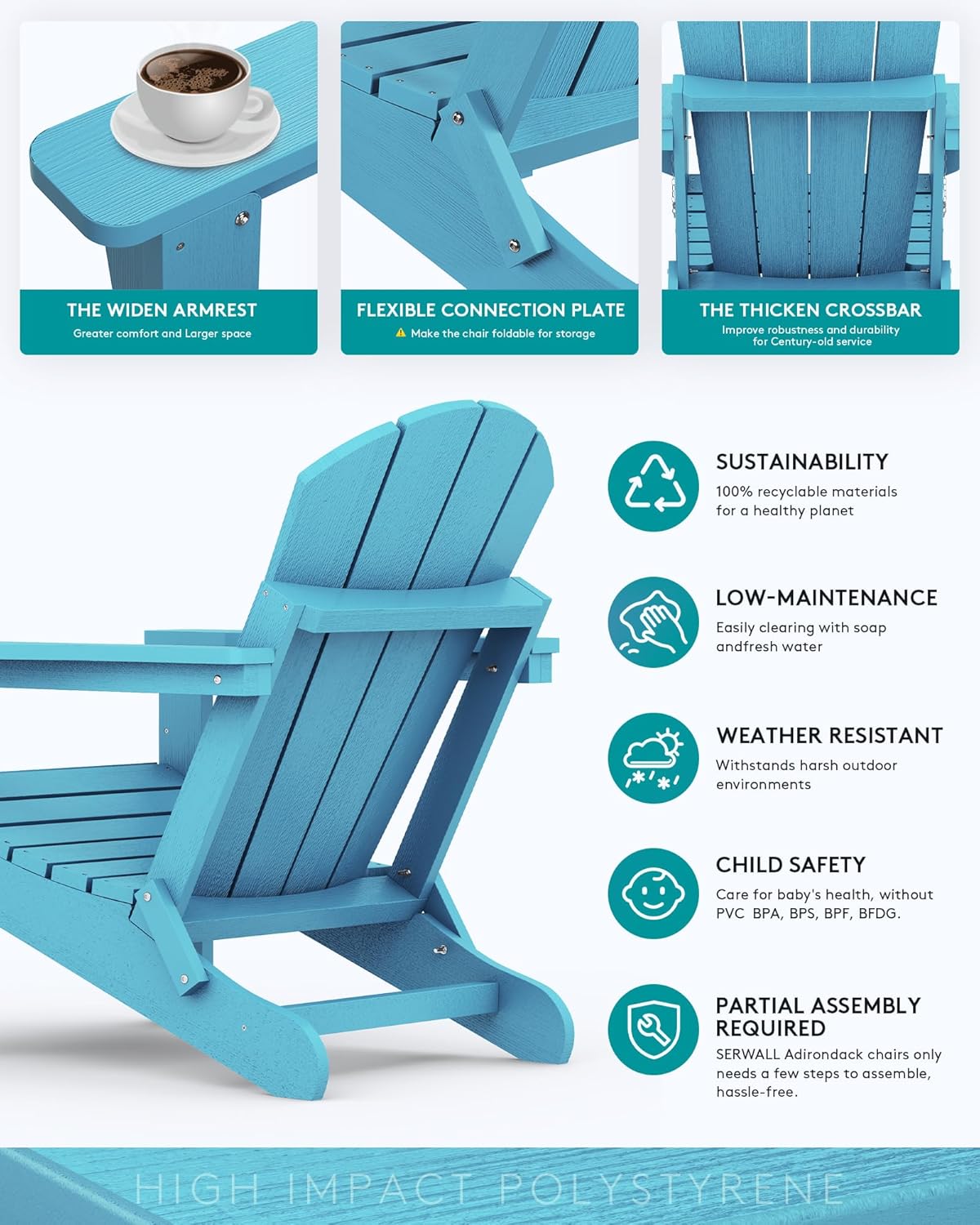 SERWALL Folding Adirondack Chair with Cup Holder Outdoor Adirondack Chairs Weather Resistant Patio Chair Fire Pit Chairs - Light Blue