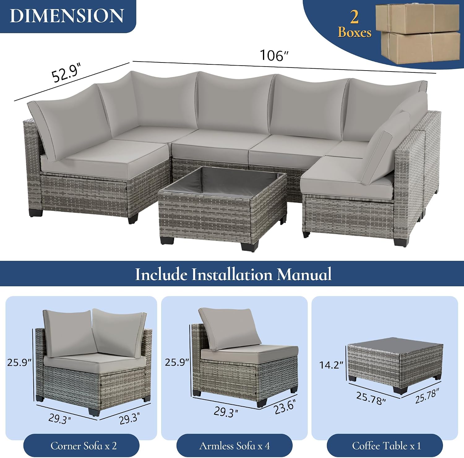 FHFO 7 Piece Outdoor Wicker Patio Furniture Set, Rattan Sectional Sofa Couch, Patio Conversation Set with Cushion & Coffee Table, for Backyard Poolside Porch Garden, Grey