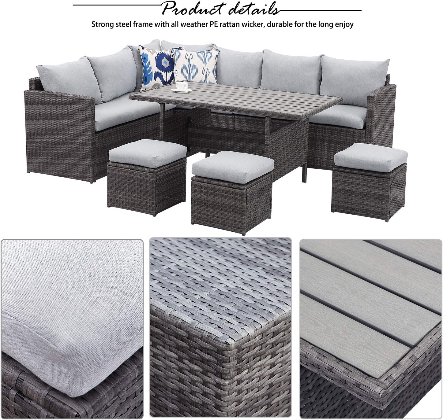 Wisteria Lane 7 Piece Patio Furniture Set, Wicker Patio Sectional with Wide Armrest, All Weather Outdoor Dining Set, Outdoor Furniture Patio Conversation Set with Ottoman, Light Grey