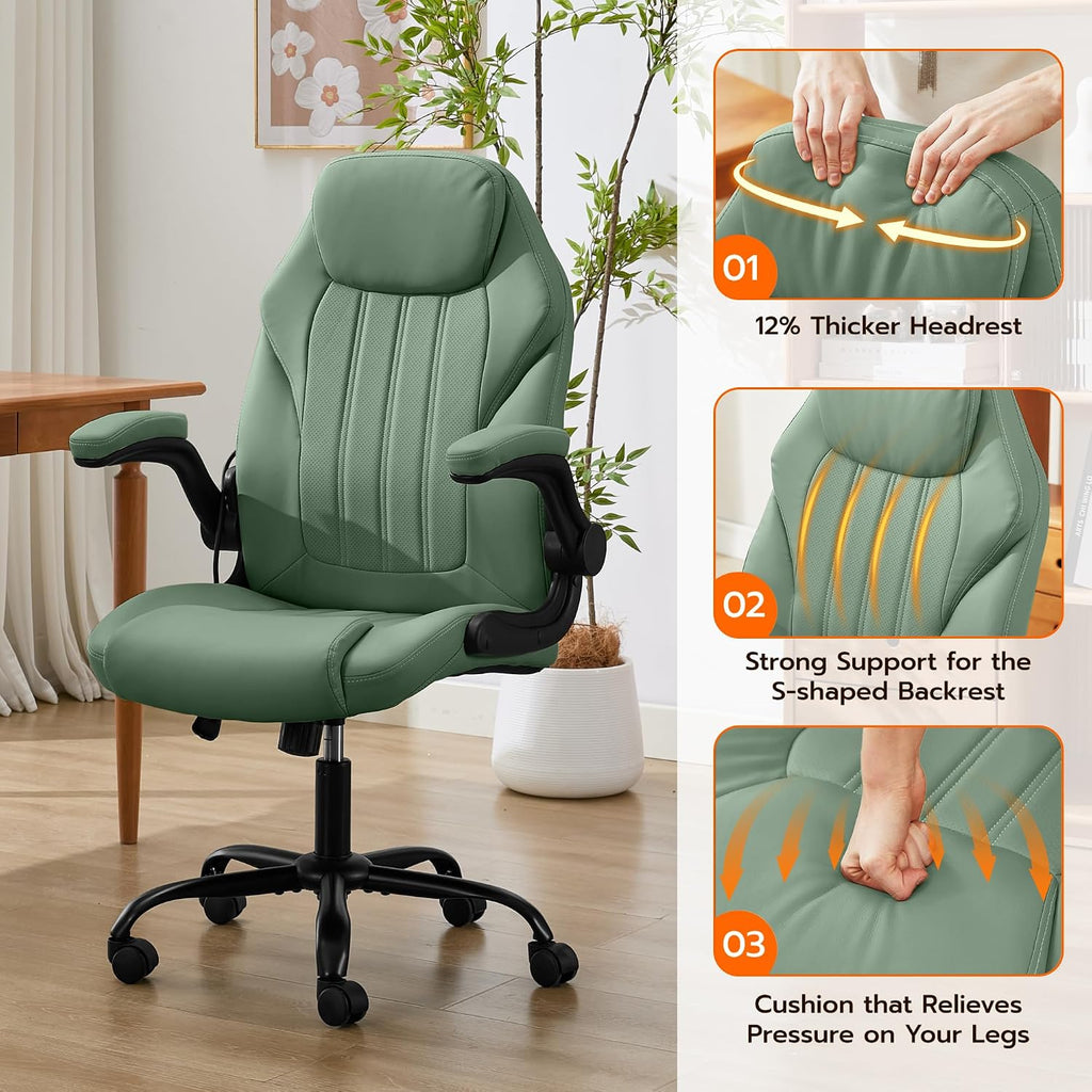 Ylzyxal Office Desk Chair, Ergonomic Computer Chair with Padded Flip-Up Arms and Adjustable Lumbar Support, PU Leather Executive Chair with Tilt Lock and 360° Swivel Rolling Wheels for Work, Study