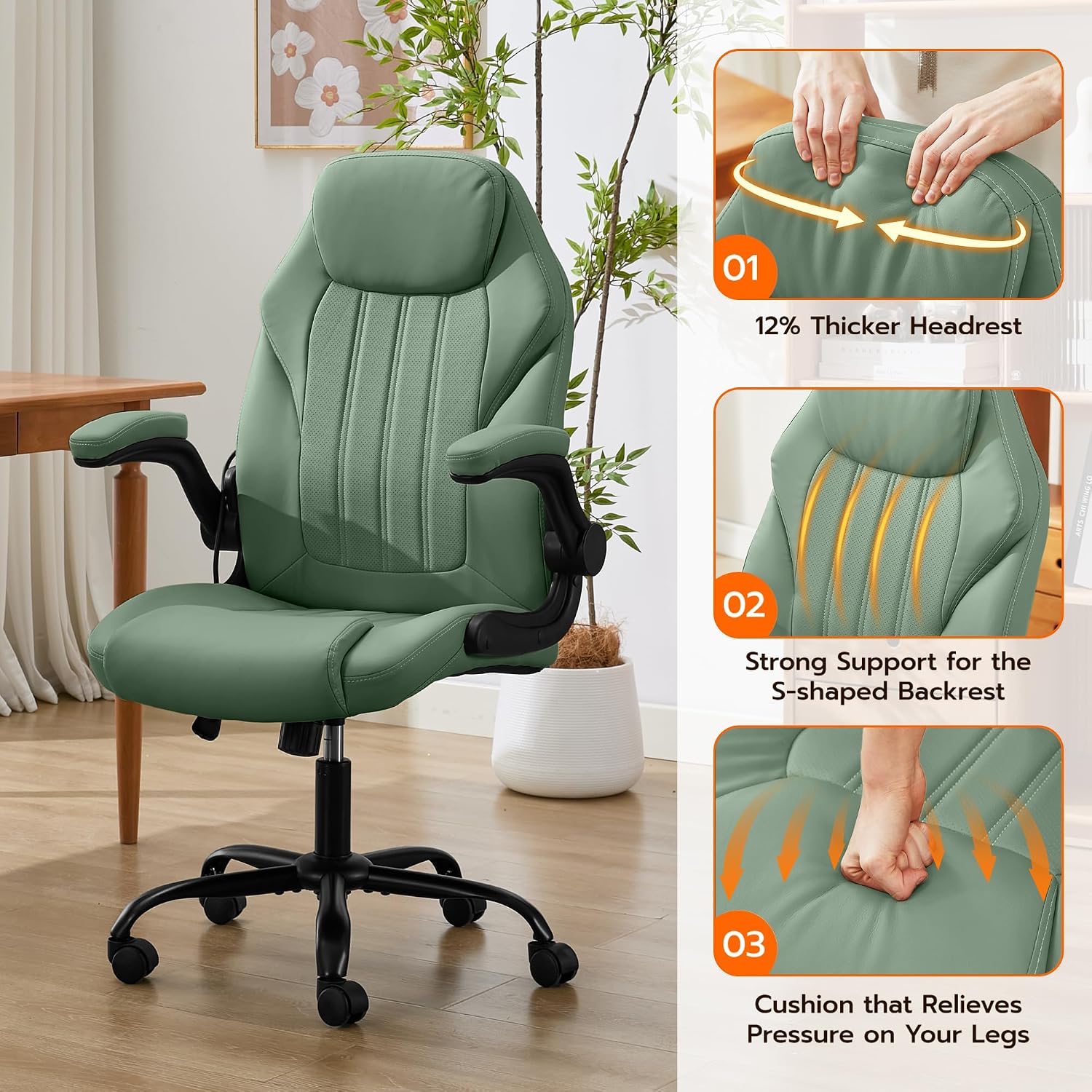 Ylzyxal Office Desk Chair, Ergonomic Computer Chair with Padded Flip-Up Arms and Adjustable Lumbar Support, PU Leather Executive Chair with Tilt Lock and 360° Swivel Rolling Wheels for Work, Study