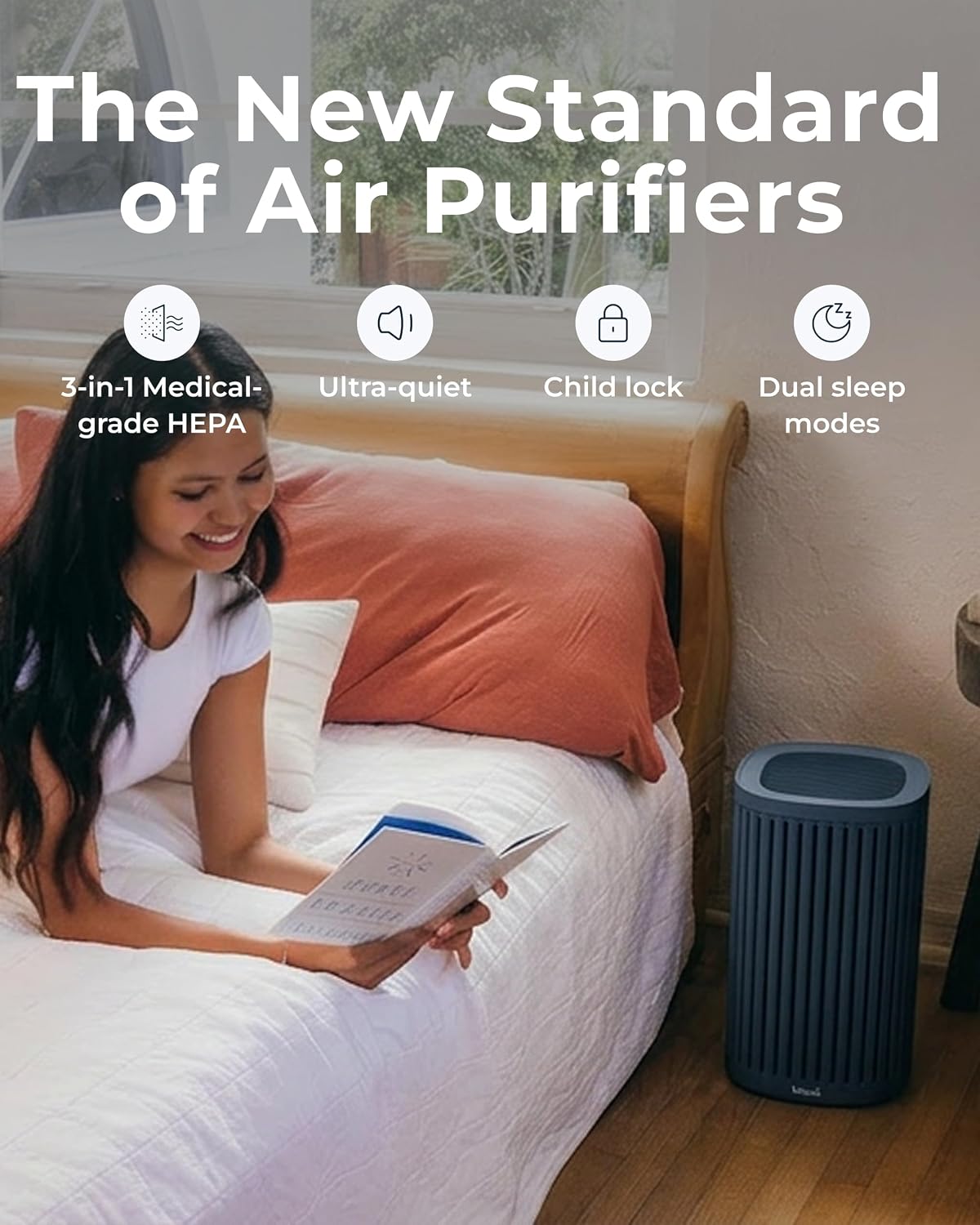 Windmill Air Purifier for Home - 3-In-1 Filtration for Dust, Smoke, & More - True HEPA Filter, Activated Carbon, & Pre-Filter - Ultra-Quiet - App Compatible - Covers Up To 975 sq ft - Coral
