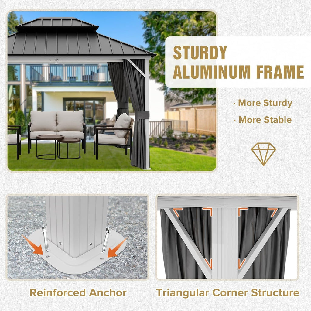 COOS BAY 12x10 Hardtop Gazebo with Aluminum Frame, Galvanized Steel Roof with UV Protection for Patio, Backyard, Garden, Outdoor Events, White/Gray