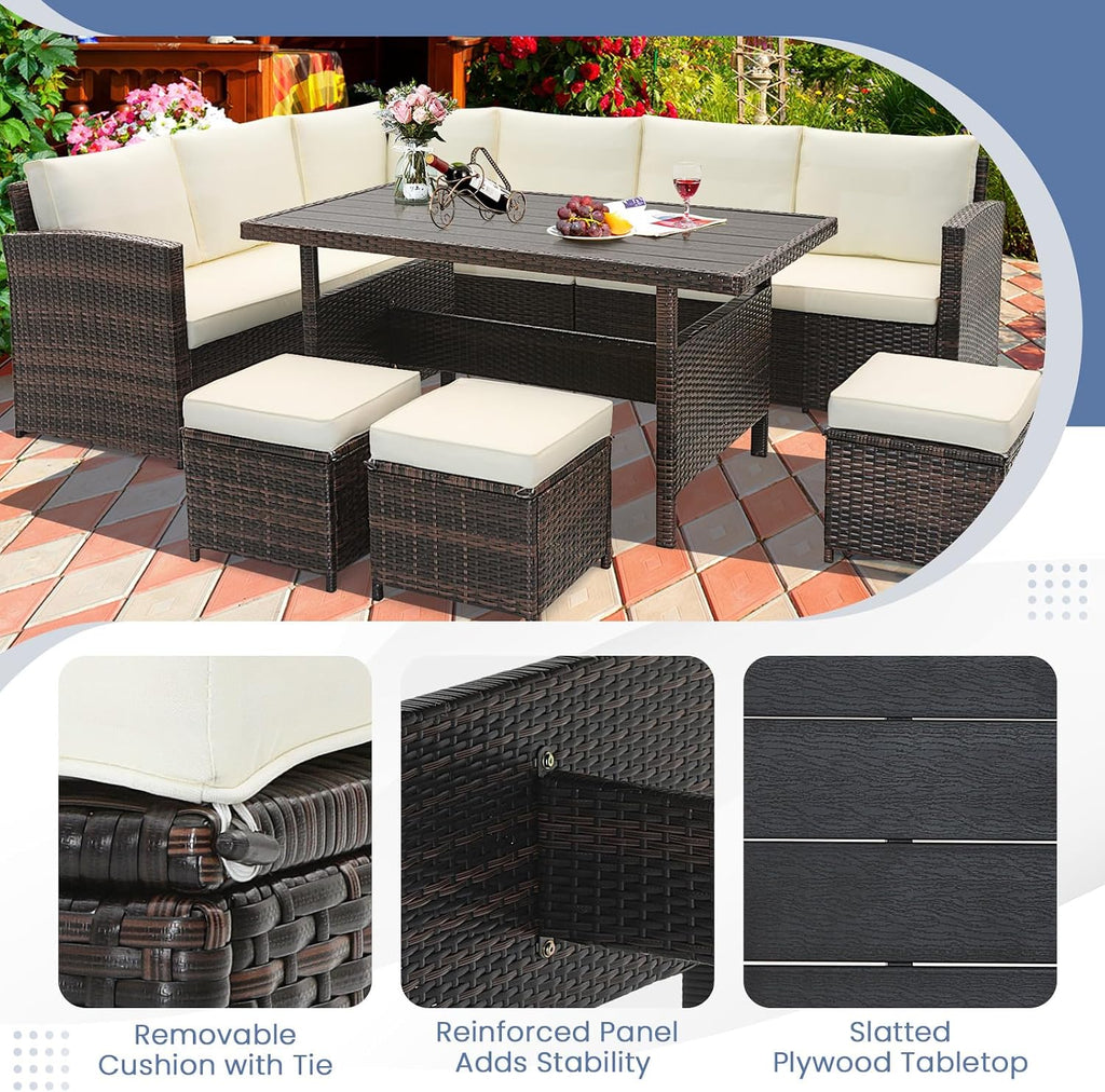 Tangkula 7 Pieces Wicker Patio Furniture Set, Rattan Sofa with Coffee Table, Ottomans & White Cushions, Sectional Conversation Sofa Set for Porch, Poolside, Balcony Yard Garden (White)