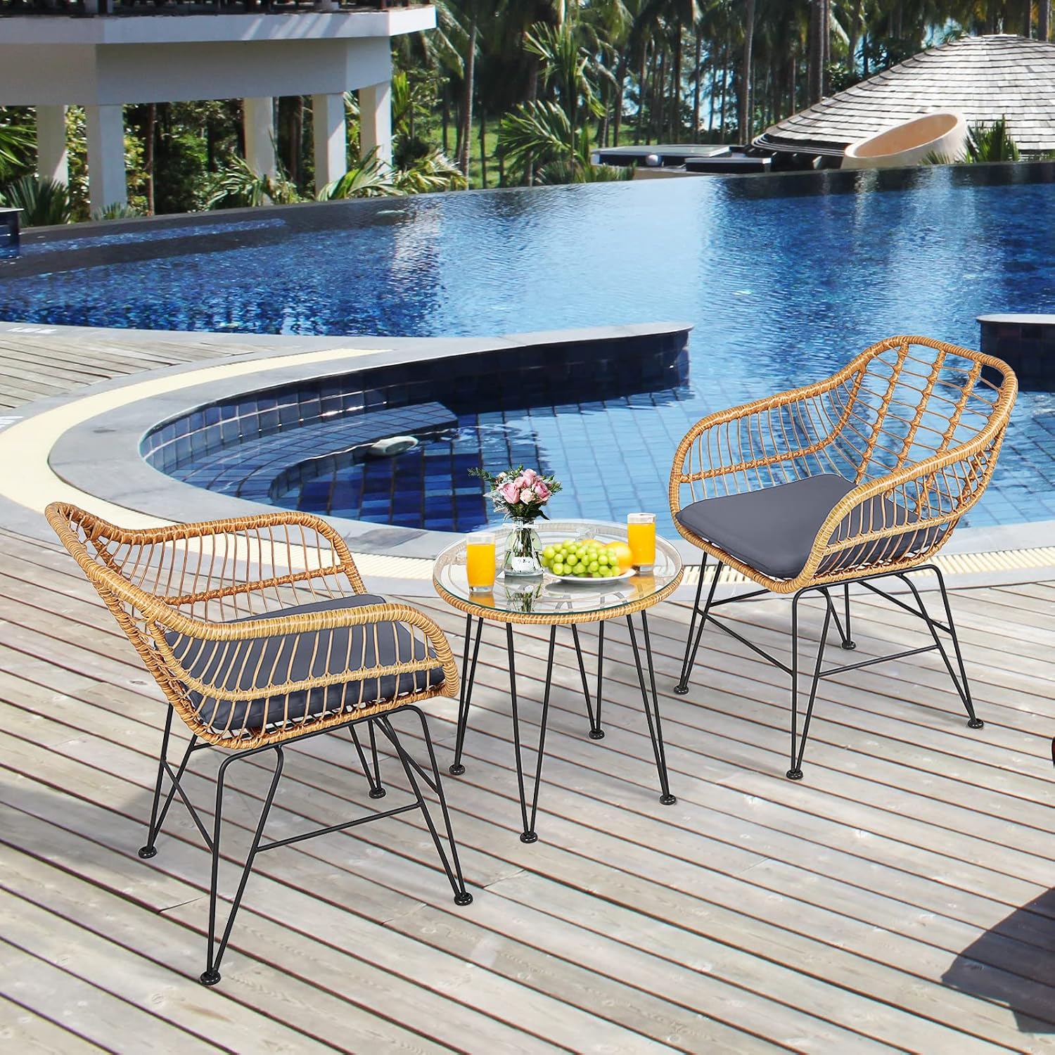Tangkula 3 Pieces Patio Bistro Set, Rattan Conversation Set with 2 Cushioned Armchairs & Round Glass Coffee Table, Indoor Outdoor Wicker Furniture Set for Balcony, Backyard, Garden, Poolside