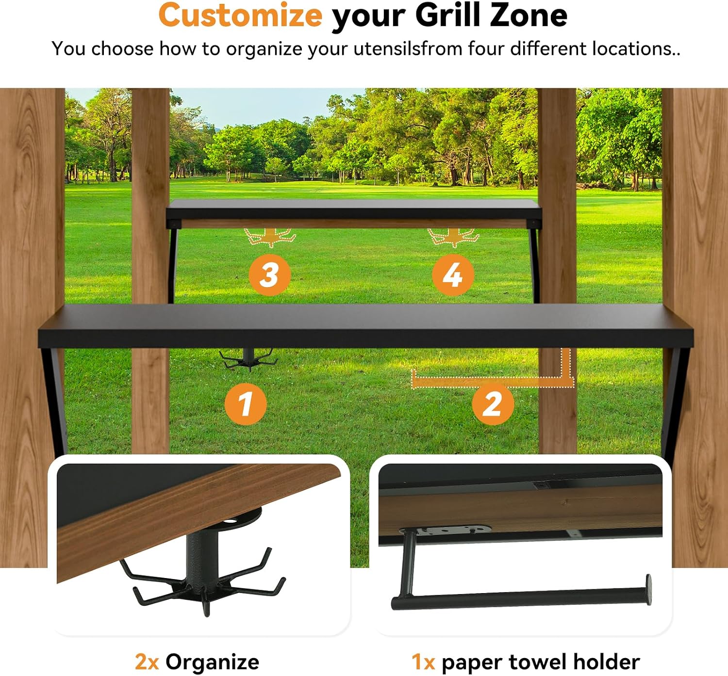 Modern Shade Grill Gazebo 6' X 8', Cedar Wood Gazebo with Shelves and Paper Towel Holder, Outdoor Bar with Galvanized Steel Roof, USB and USB-C Charging Ports, Outdoor Patio Bars for Backyard