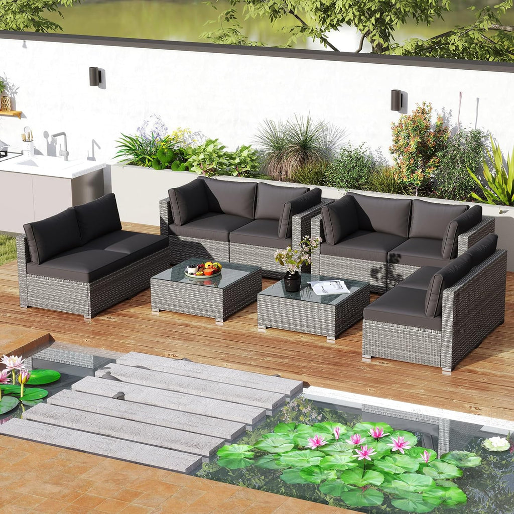 Tangkula 10-Piece Outdoor Patio Sectional Sofa Couch, PE Rattan Conversation Set w/Glass Coffee Table & Cushions, Outdoor Furniture Set w/Sturdy Metal Frame for Garden Poolside Backyard