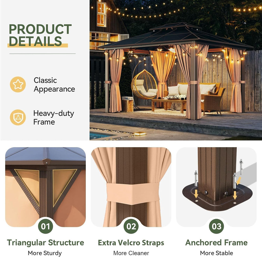 Aoxun 10'x12' Hardtop Gazebo, Aluminum Frame Permanent Pavilion with Netting and Curtains, Outdoor Polycarbonate Double Roof Canopy with Ceiling Fan, Designed for Lawn, Garden, Patio, Brown