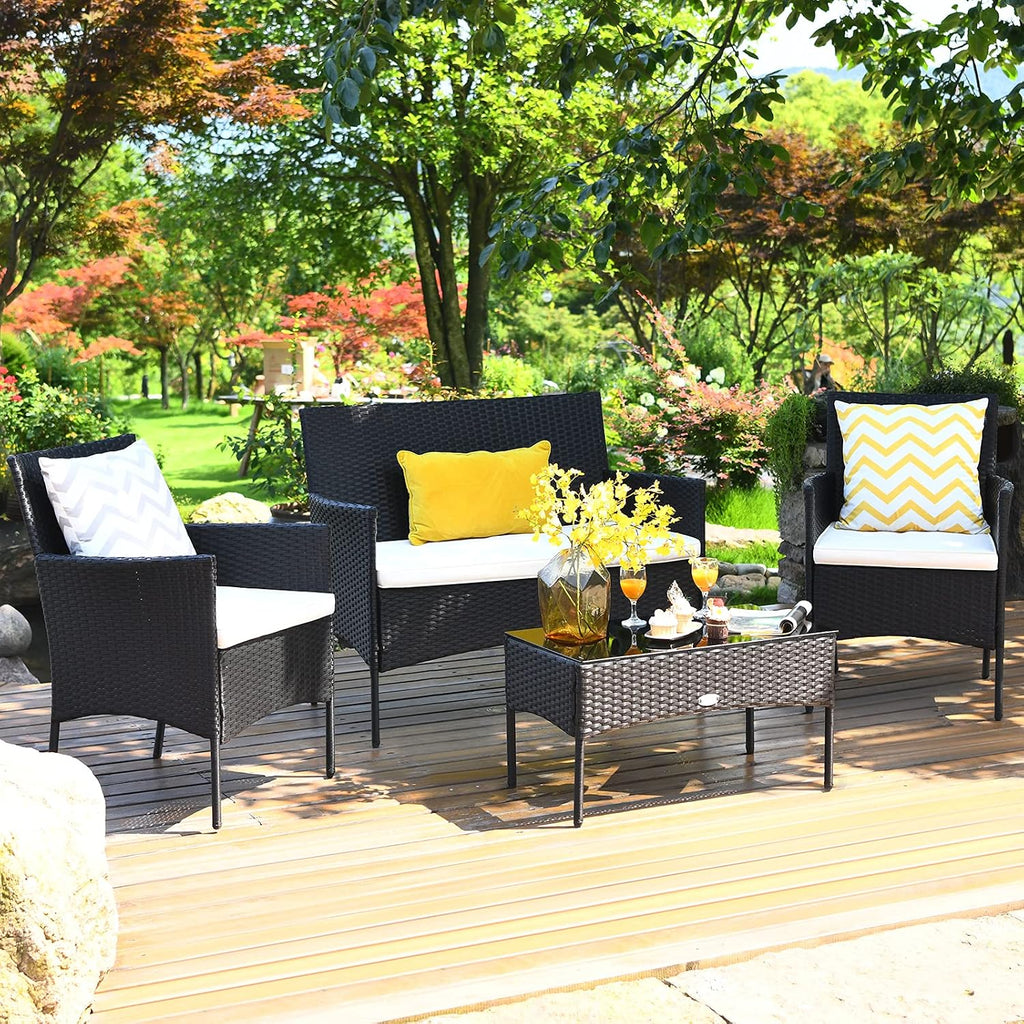 Tangkula 4 Piece Patio Furniture Set, Outdoor Wicker Conversation Set with Tempered Glass Coffee Table, Rattan Loveseat & Chairs Set with Seat Cushions for Backyard, Garden, Poolside (1, Beige)