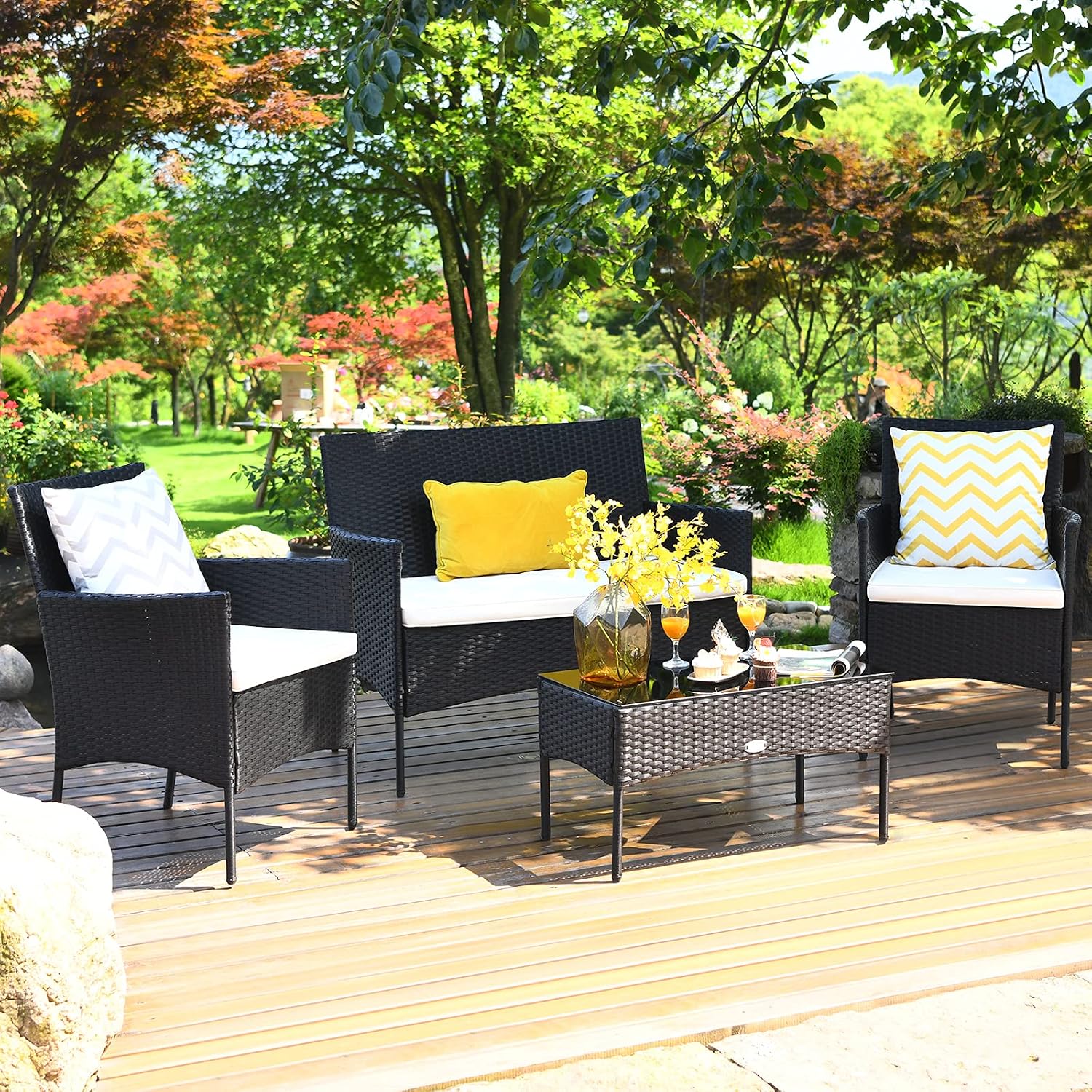 Tangkula 4 Piece Patio Furniture Set, Outdoor Wicker Conversation Set with Tempered Glass Coffee Table, Rattan Loveseat & Chairs Set with Seat Cushions for Backyard, Garden, Poolside (1, Beige)