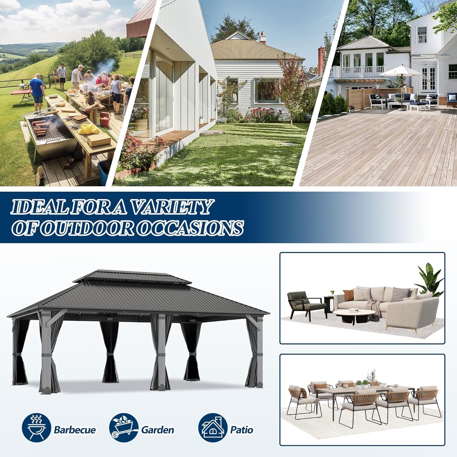 COVERONICS 12'x20' Outdoor Wood Gazebo - Hardtop Wooden Gazebo with Galvanized Steel Roof, Heavy-Duty Pavilion with Netting & Curtains for Garden, Poolside, Deck, Backyard