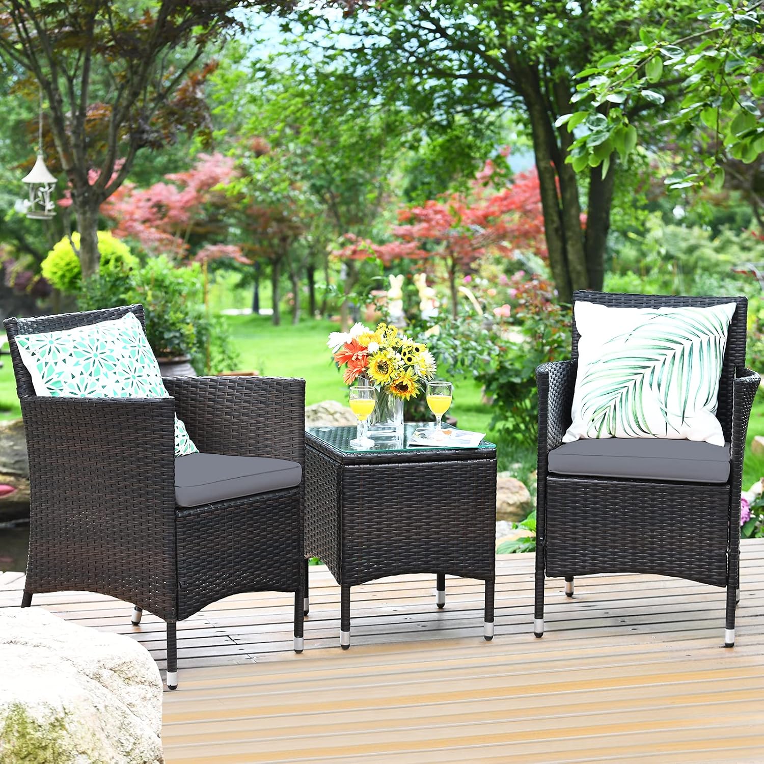 Tangkula Patio Furniture Set 3 Piece, Outdoor Wicker Rattan Conversation Set with Coffee Table, Chairs & Thick Cushions, Suitable for Patio Garden Lawn Backyard Pool (Grey)