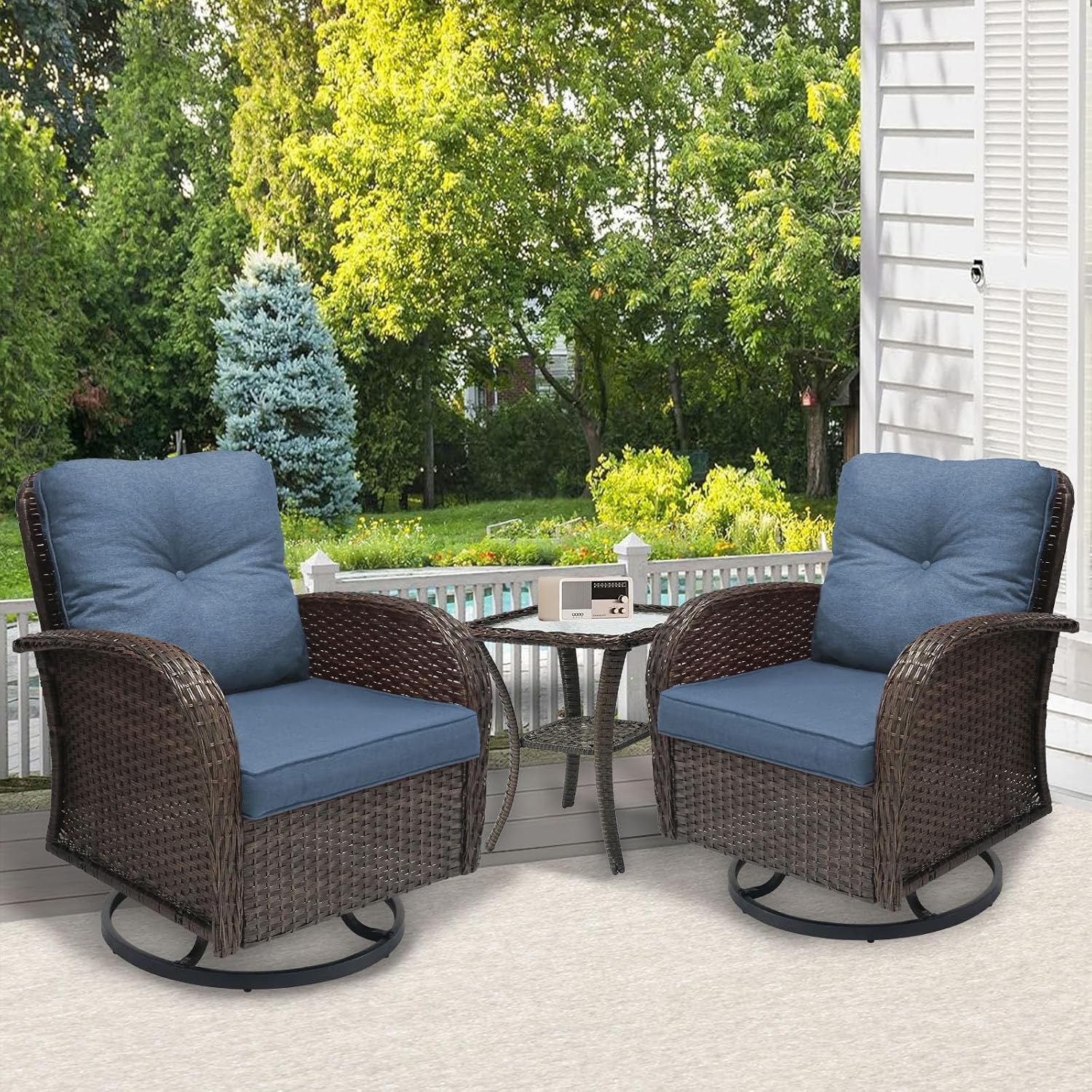 SHGJ&SOFT 3 Piece Patio Furniture Set, 2 Outdoor Swivel Rocking Chairs with Side Table, Wicker Glider Chairs, All-Weather Rattan Bistro Set for Porch, Deck, Pool (Blue, Brown Full-Weave Rattan)
