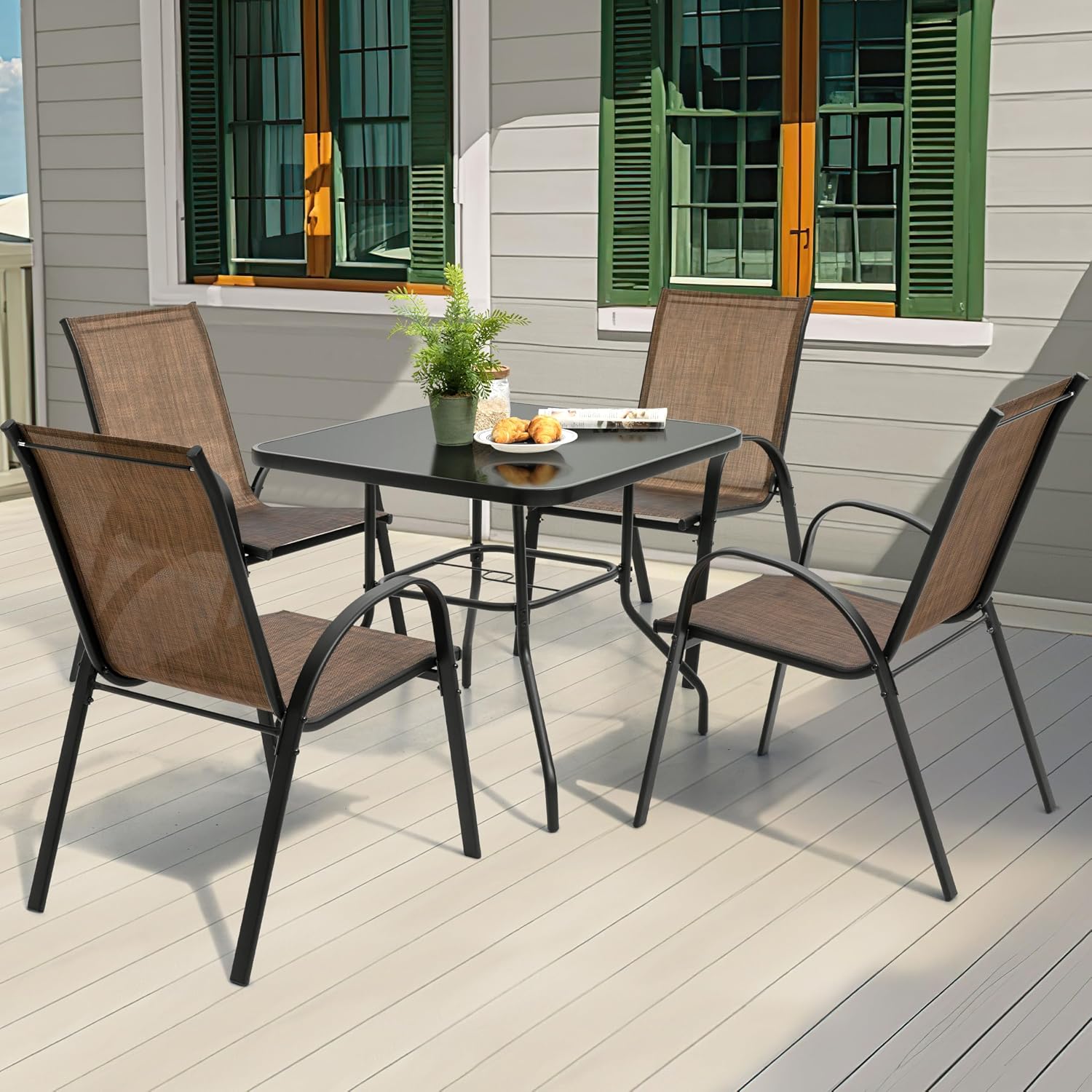 NUU GARDEN 5 PCS Patio Dining Set, Metal Outdoor Table and Chairs, with 4 Stackable Chairs and 31.5'' Square Table with Umbrella Hole, Outdoor Dining Set for Lawn, Balcony, Garden, Black and Brown