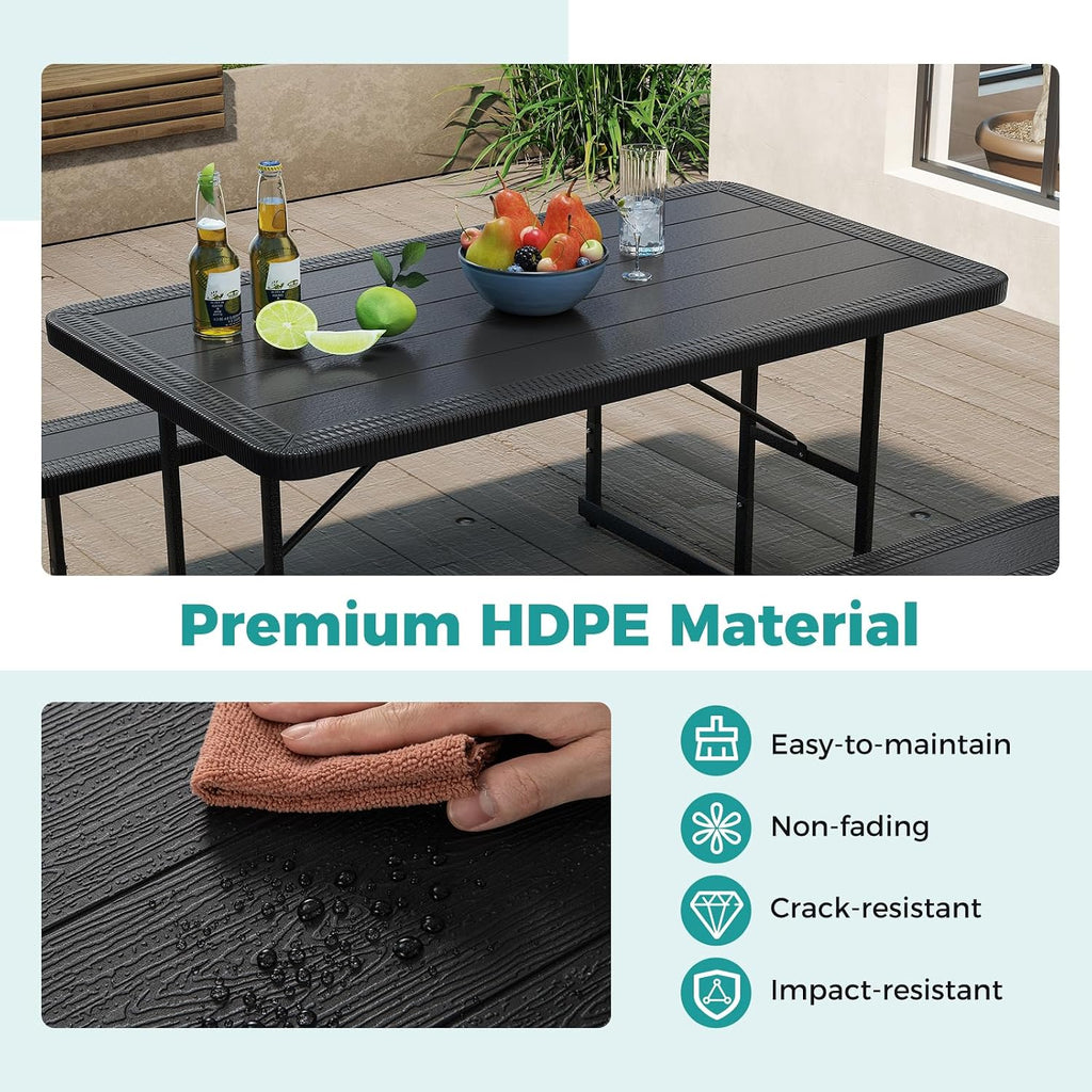Giantex Picnic Table Bench Set for 4 People, 4.5FT Outdoor Rectangular Dining Table & 2 Benches w/Umbrella Hole, HDPE Tabletop, Metal Frame, Patio Garden Backyard Poolside (4.5FT,Non-Foldable,Black)