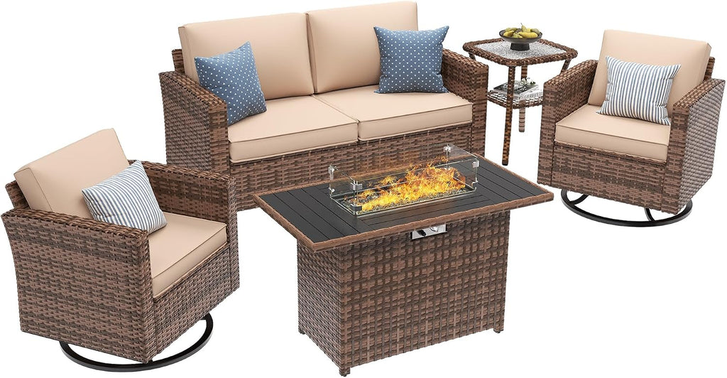 UDPATIO 5 Pieces Patio Furniture Set with Fire Pit Table, Outdoor Conversation Set with Rocking Swivel Chairs, Wicker Furniture Set with Waterproof Cover, 4'' Thickened Cushion, Khaki