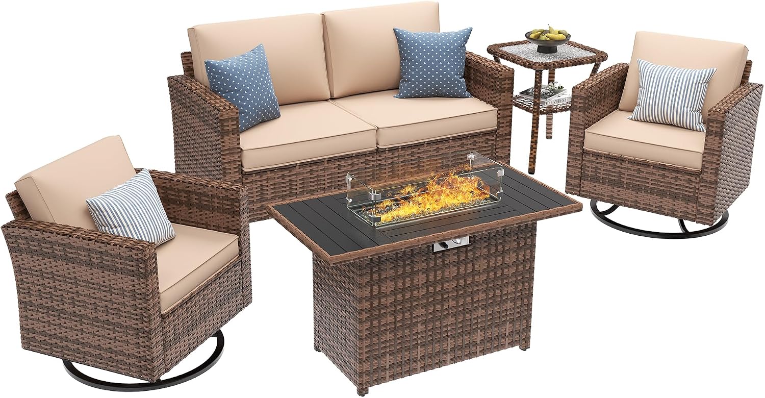 UDPATIO 5 Pieces Patio Furniture Set with Fire Pit Table, Outdoor Conversation Set with Rocking Swivel Chairs, Wicker Furniture Set with Waterproof Cover, 4'' Thickened Cushion, Khaki