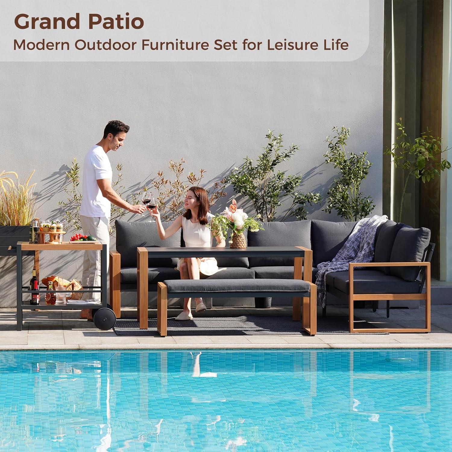 Grand patio Aluminum Patio Furniture Set, L Shaped Outdoor Sectional Sofa with Dining Table and Bench, Modern Outdoor Conversation Couch with Chaise, Faux Wood Grain Finish