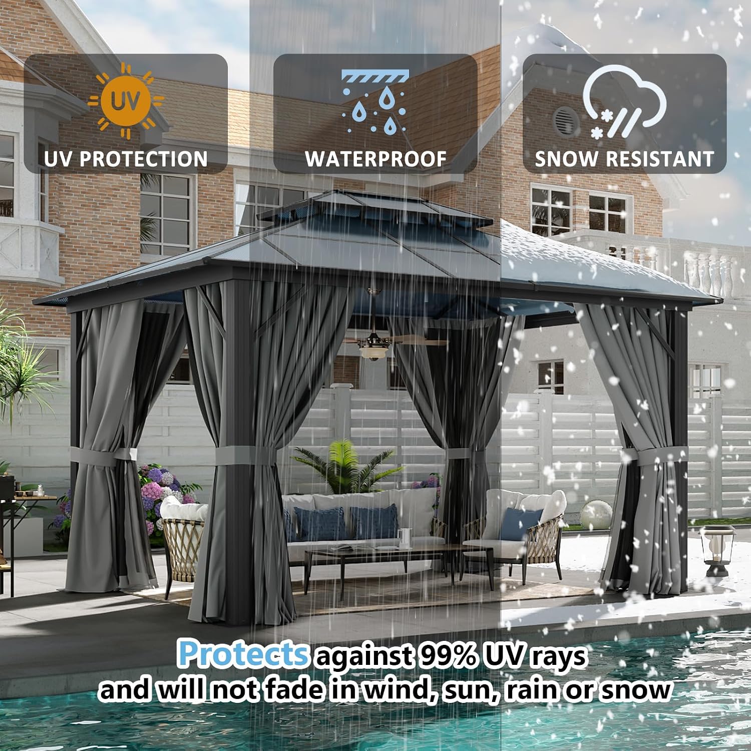 Aoxun 10'x12' Hardtop Gazebo, Aluminum Framed Outdoor Gazebo with Double Polycarbonate Roof, Durable Pavilion with Curtains & Netting for Patio, Garden, and Lawn
