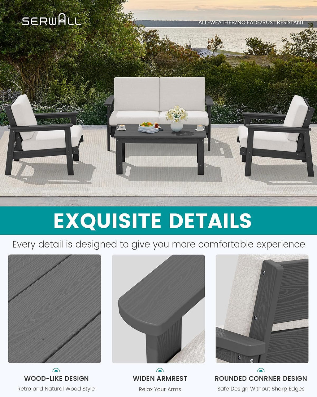SERWALL HDPE Outdoor Patio Loveseat, All Weather Wood-Like Outdoor Sofa HDPE Outdoor Furniture, Grey Frame and Khaki Cushion