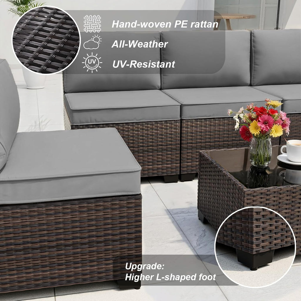 ALAULM Patio Furniture Set with Fire Pit Table 55000 BTU, Outdoor Sectional with Wide Seat and Thick Cushion, 8 Piece Wicker Rattan Conversation Set with Coffee Table for Garden, Deck, Grey