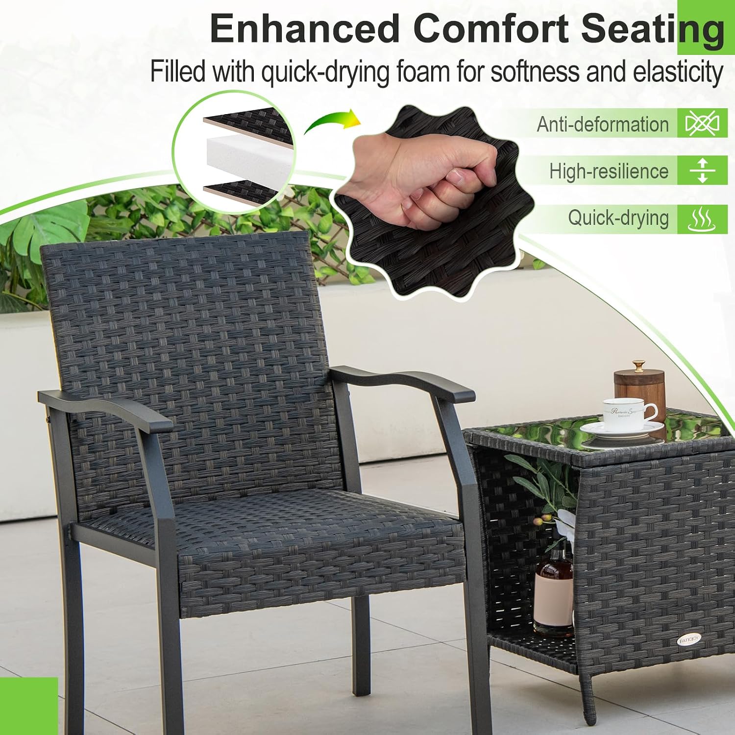 Tangkula 3 Pieces Patio Wicker Chair Set, Waterproof All Weather Resistant Heavy Duty Outdoor Conversation Set with Quick Dry Foam Seating, for Poolside, Backyard, Garden (Mix Brown)