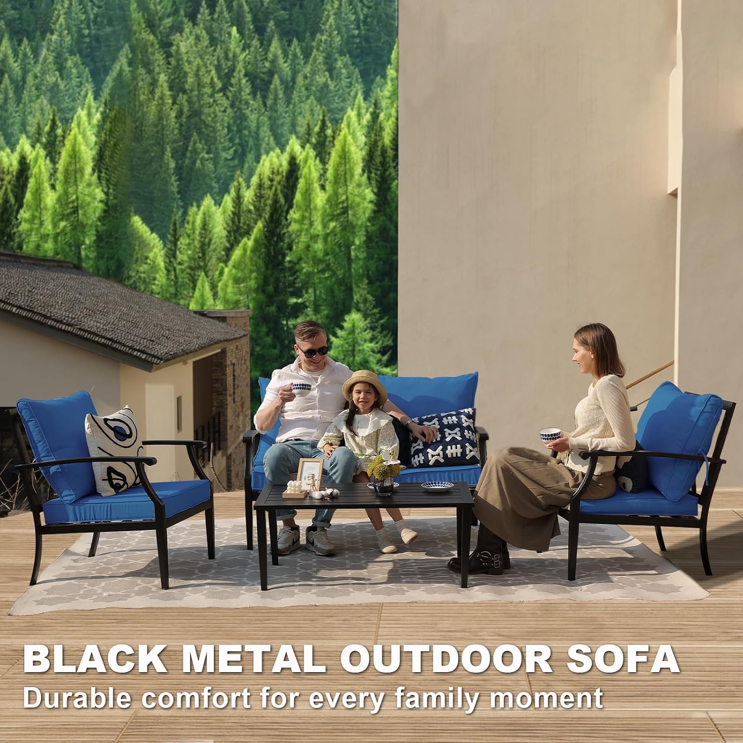 4-Piece Patio Furniture Set, Wider Outdoor Metal Seating Sofa with High Back & Loveseat, Coffee Table, All Weather Metal Conversation Set for Backyard, Poolside, Deck-Peacock