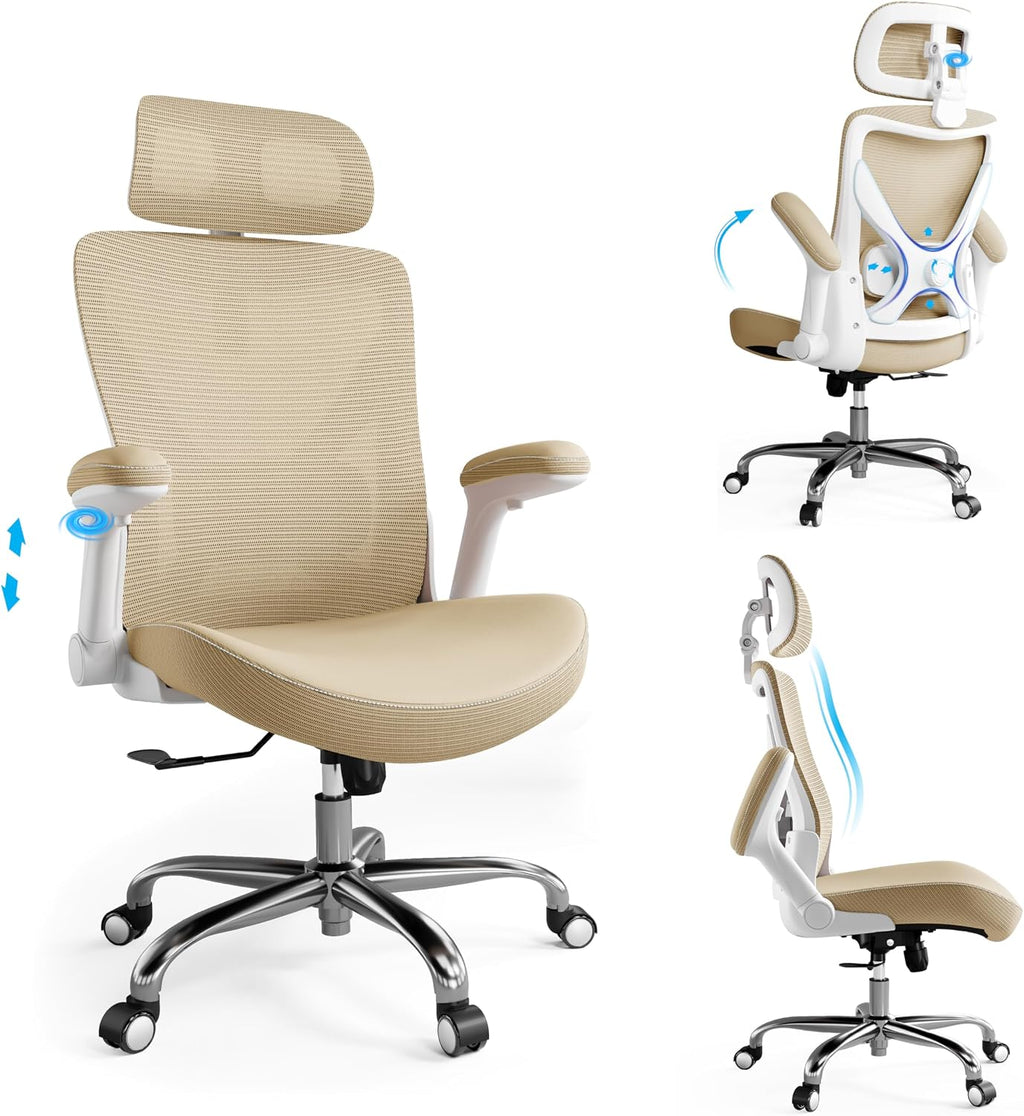Ergalithic Office Home Ergonomic Desk Chair-Computer X-Shaped Chair Mesh PU Leather with Adjustable Lumbar Support-Executive Chair High Back with Headrest Flip-Up Arms for Long Hours (Khaki)