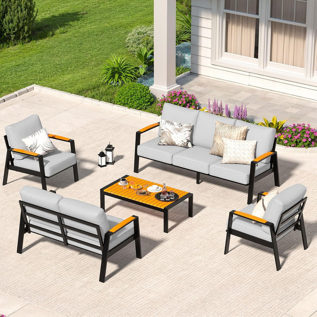 Outdoor Couch Aluminum Patio Furniture Set, 2-Piece All-Weather Metal Armchair Sofa with Solid Teak Armrest and Thick Cushions, Light Gray