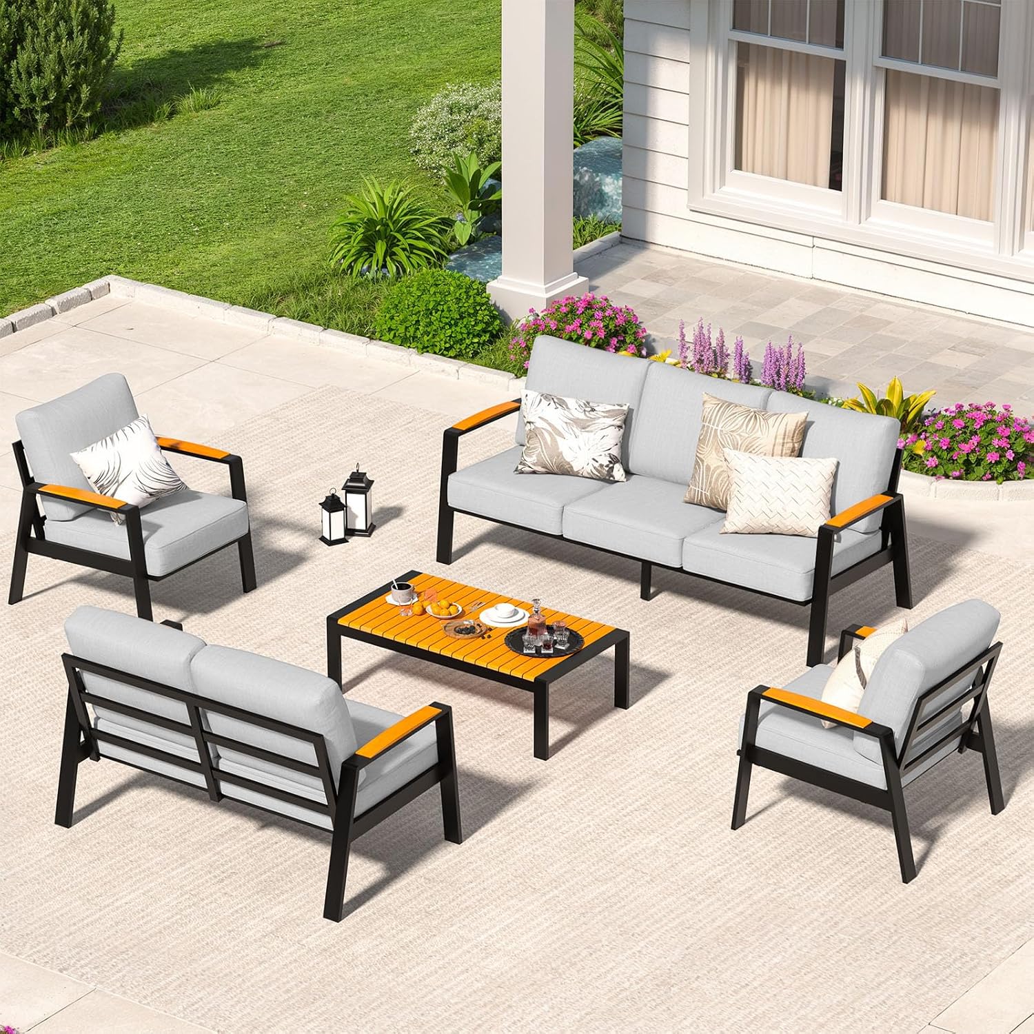 Outdoor Couch Aluminum Patio Furniture Set, 2-Piece All-Weather Metal Armchair Sofa with Solid Teak Armrest and Thick Cushions, Light Gray