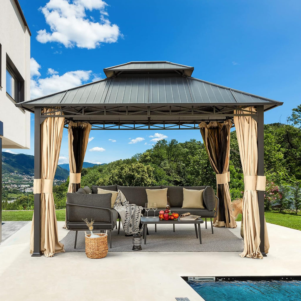 MELLCOM 10'x12' Hardtop Gazebo, Metal Double Roof with Anti-Rust Coating Frame, Outdoor Waterproof Patio Gazebos with Shaded Curtains and Netting for Gardens, Lawns, Deck
