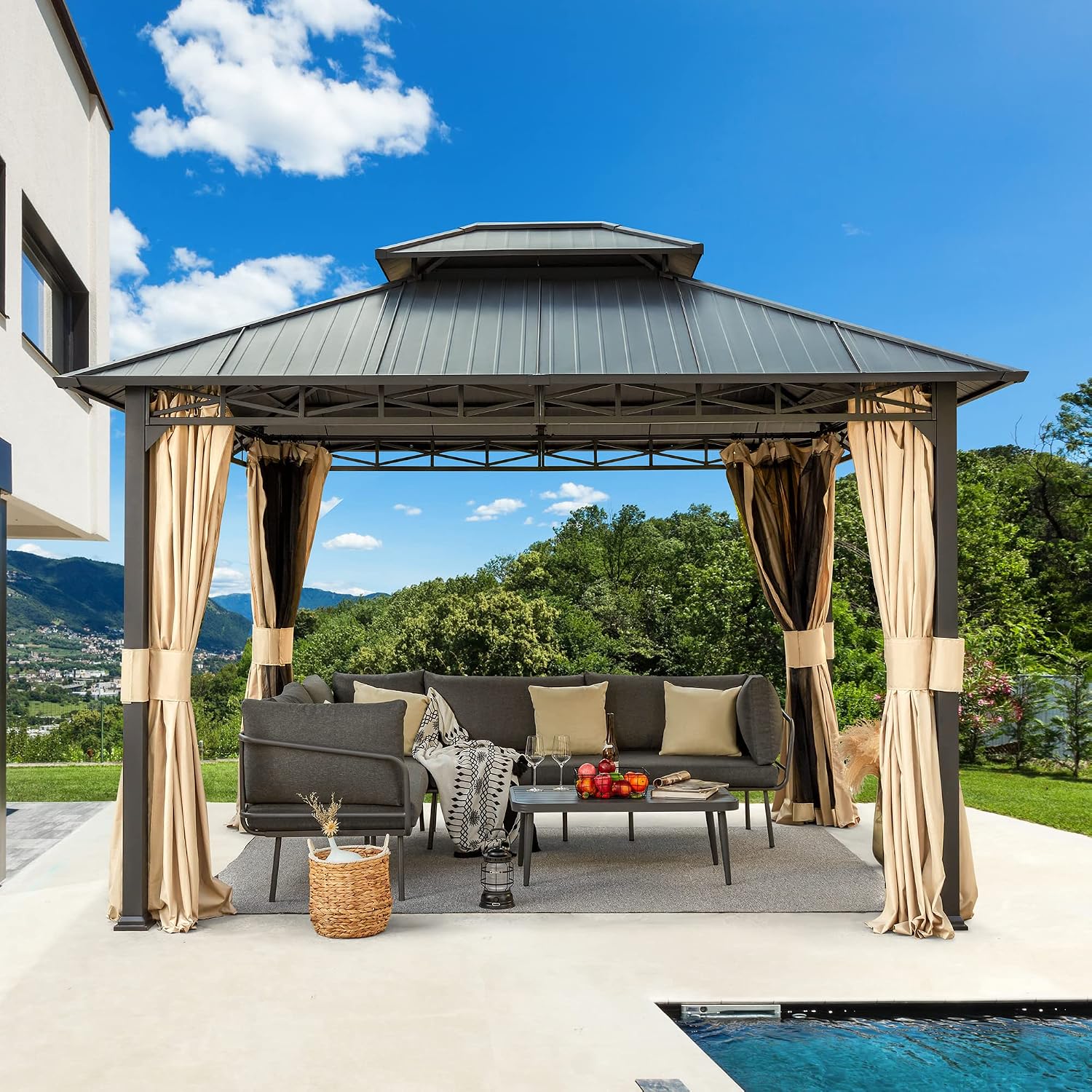 MELLCOM 10'x12' Hardtop Gazebo, Metal Double Roof with Anti-Rust Coating Frame, Outdoor Waterproof Patio Gazebos with Shaded Curtains and Netting for Gardens, Lawns, Deck