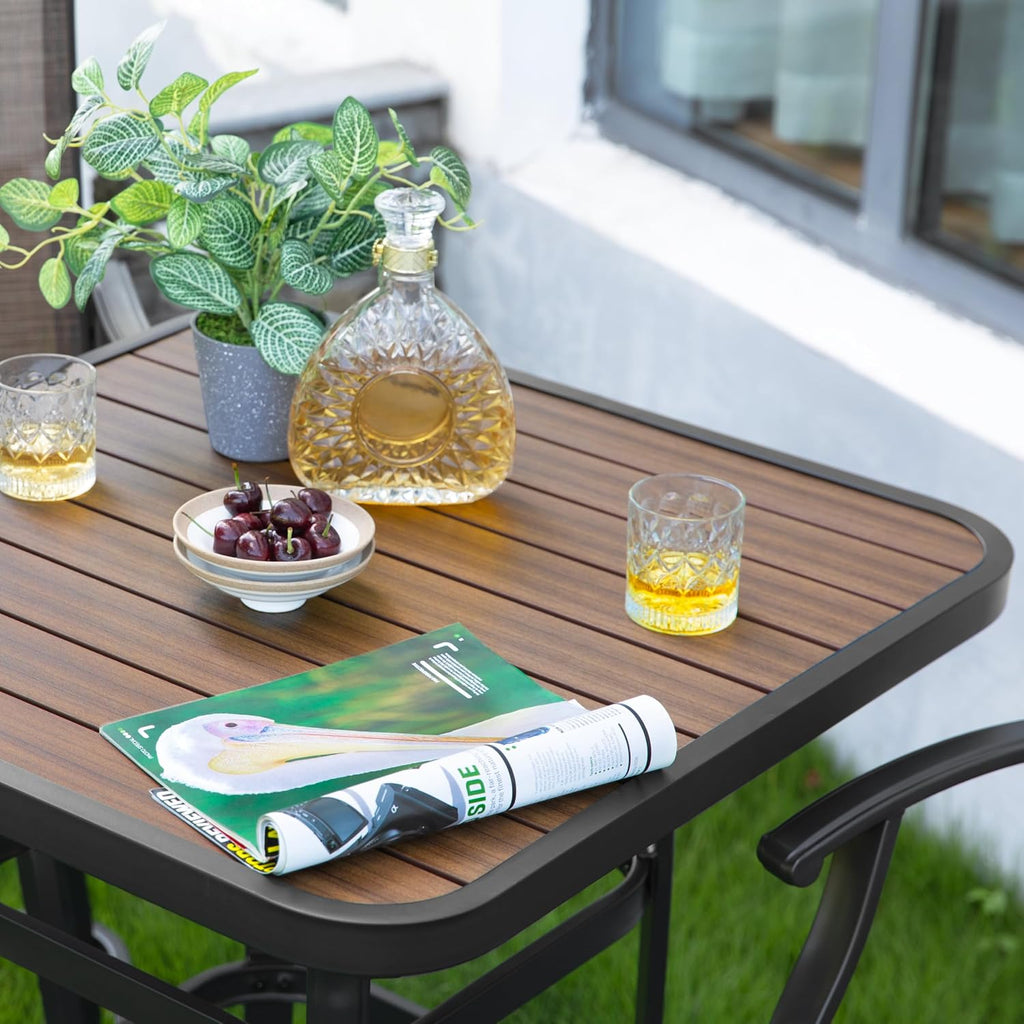 NUU GARDEN 5-Piece Outdoor Bar Set - 4 Swivel High Back Textilene Bar Stools & Metal Table with Faux Wood Top, Weather-Resistant Patio Furniture for Backyard, Porch, Garden, Black & Brown