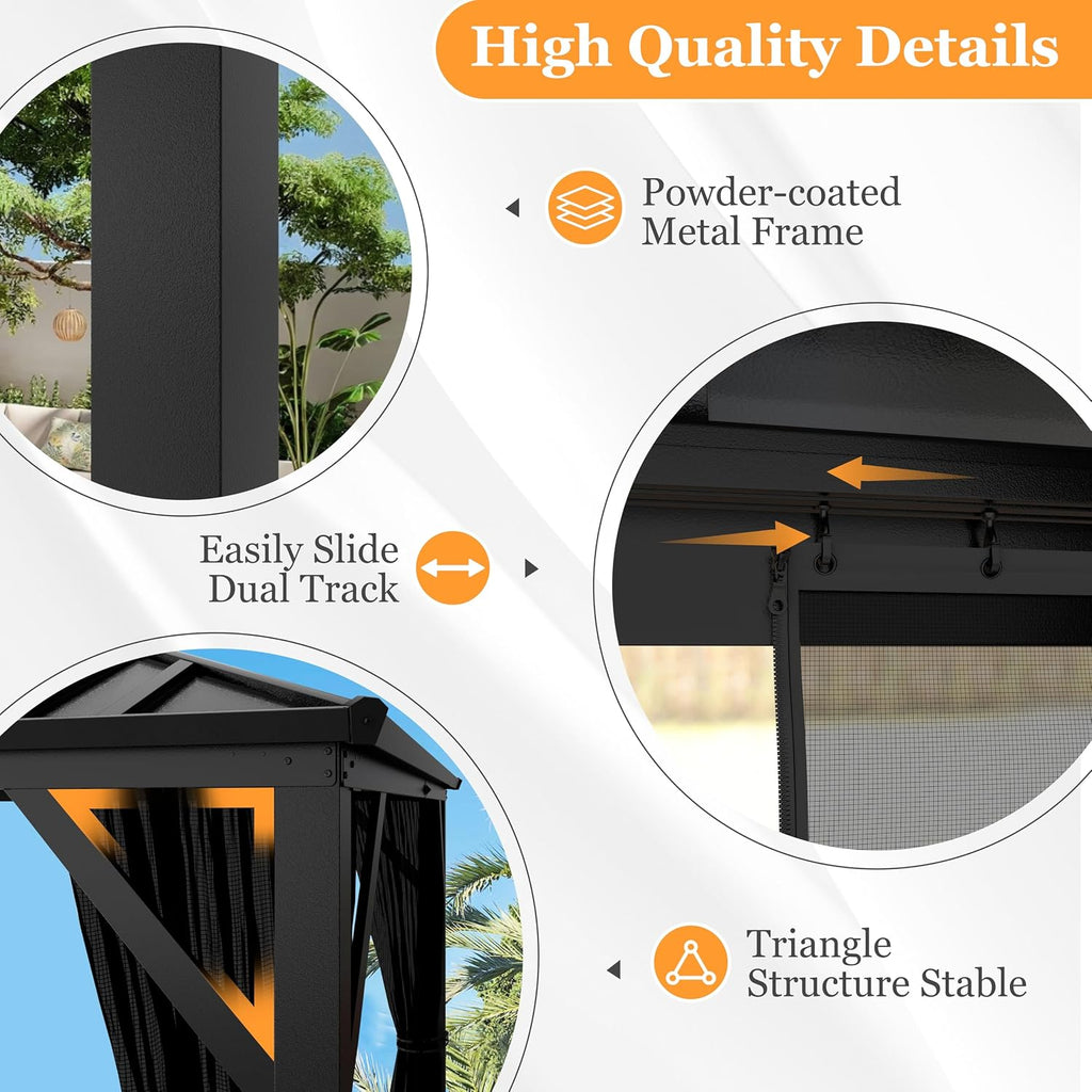 Yardenaler 10x10 FT Hardtop Gazebo Canopy with Double Galvanized Steel Roof, Permanent Outdoor Pavilion with Mesh Netting for Patio. Garden, Backyard, Black