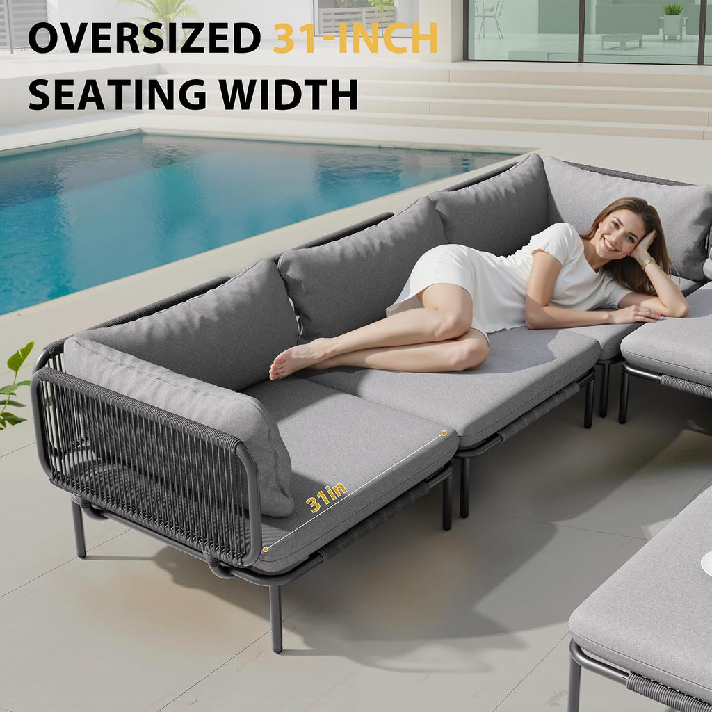 4 Piece Modern Outdoor Sectional Sofa, 31' Oversized Patio Furniture Set with Olefin Woven Rope, Weather-Resistant Metal Frame and Removable Cushion, Dark Grey