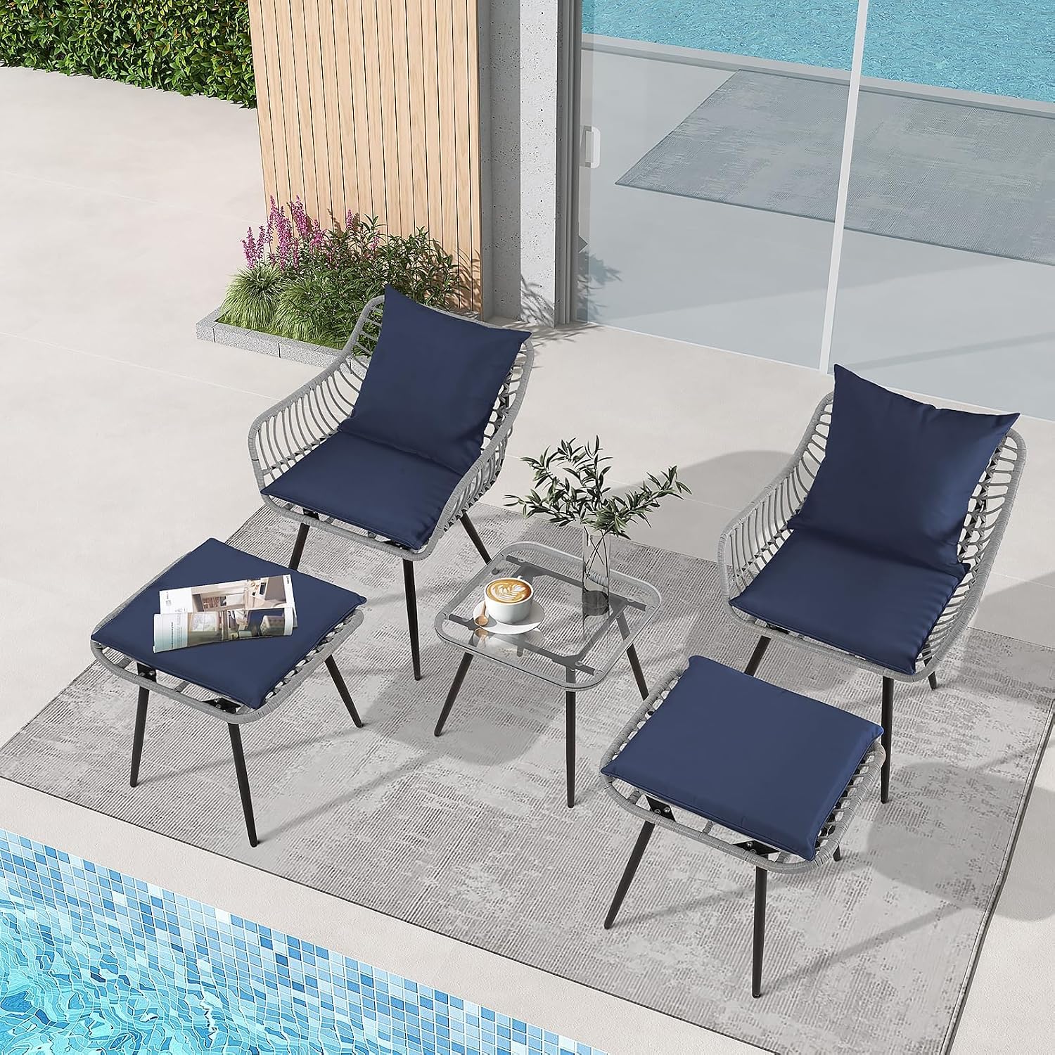 FHFO 5 Piece Outdoor Patio Furniture Set, Rattan Balcony Furniture with Ottomans, Wicker Bistro Table and Chairs Footrest for Patio, Garden, Porch, Backyard, Poolside(Gray-Blue)