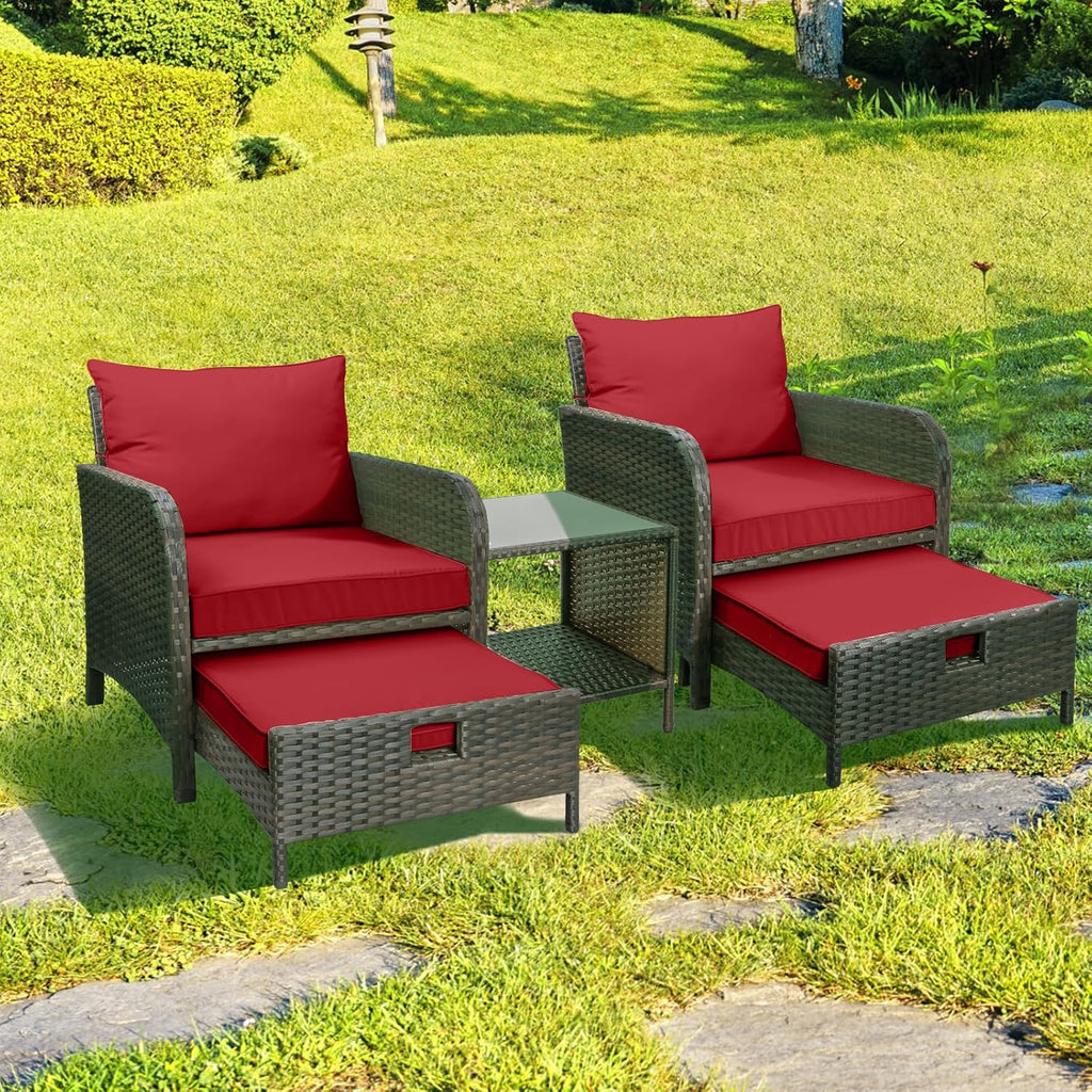 LEVELEVE Balcony Furniture 5 Piece Patio Conversation Set, PE Wicker Rattan Outdoor Lounge Chairs with Soft Cushions 2 Ottoman&Glass Table for Porch, Lawn-Brown Wicker（Wine Red
