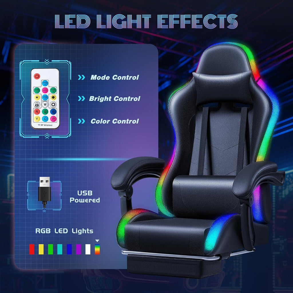 Furmax Gaming Chair with RGB LED Lights, Video Game Chair with Footrest and Massage Lumbar Support, High Back Reclining Computer Chair with Headrest, Swivel Seat Gamer Chair (LED Black)