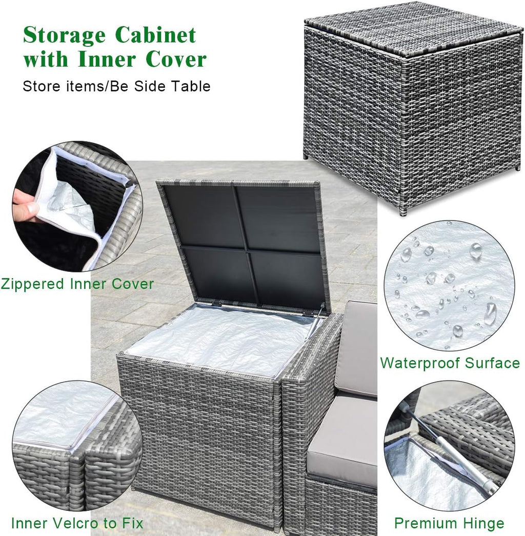 Tangkula 8 Pieces Wicker Patio Furniture Set with Storage Deck Box, PE Rattan Outdoor Sectional Sofa Conversation Set with Coffee Table & Cushions, Outside Furniture for Garden Yard Poolside (Black)