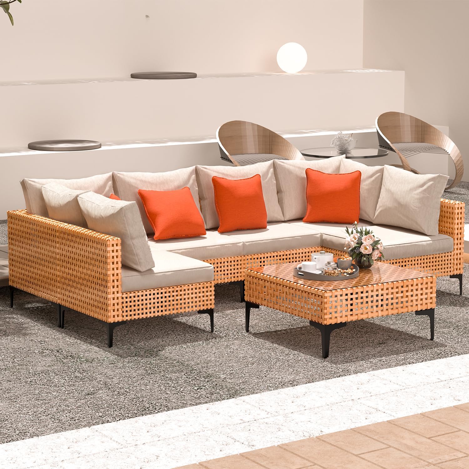 7 Piece Outdoor Patio Furniture Set Modular Outdoor Furniture Set Wicker Outdoor Sectional Sofa with Table Patio Set for Balcony Porch Deck Yard (Salmon&Orange Wicker, Sand Cushion)
