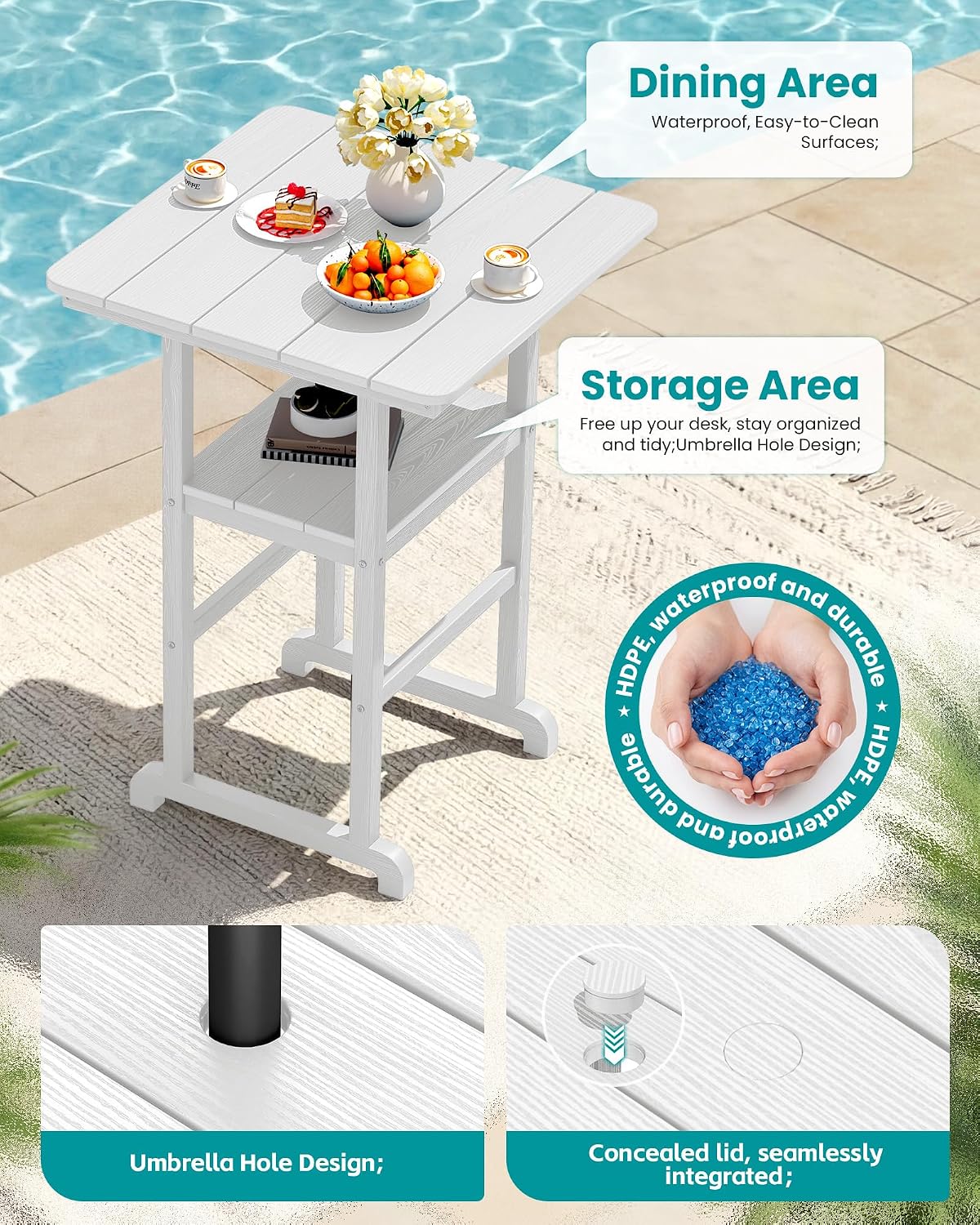 SERWALL Balcony Adirondack Chairs and Table 3 Pieces Set, Oversize Adirondack Bar Height Chairs Set of 2 and Bar Table, Outdoor Bar Stools Set, White