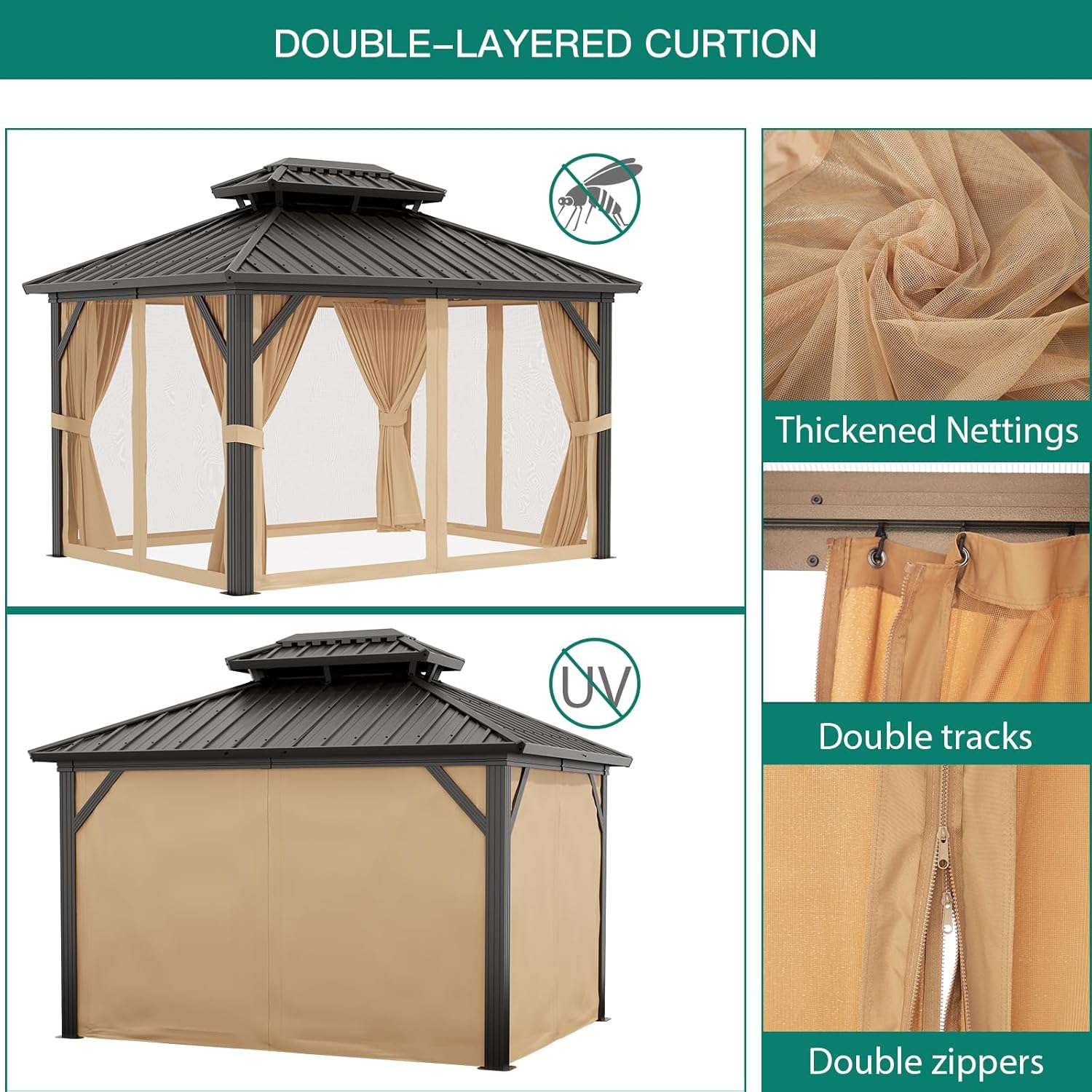12'x10' Hardtop Gazebo, Heavy Duty Aluminum Permanent Hardtop Gazebo Outdoor Pavilion with Curtains and Netting for Garden