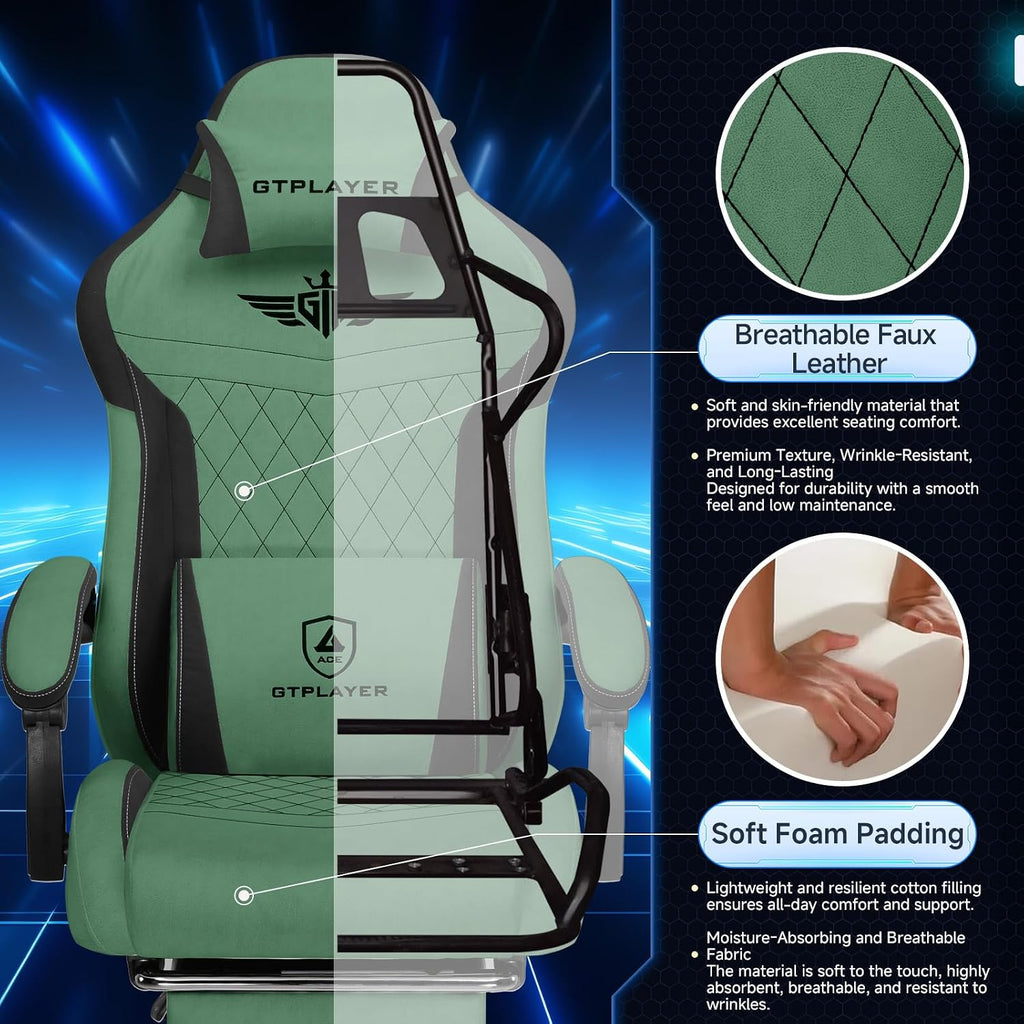 GTPLAYER Gaming Chair, Video Game Chairs with Footrest and Lumbar Support, Computer Chair for Adults with Extended Backrest, Ergonomic Reclining Silla Gamer, Fabric, Green