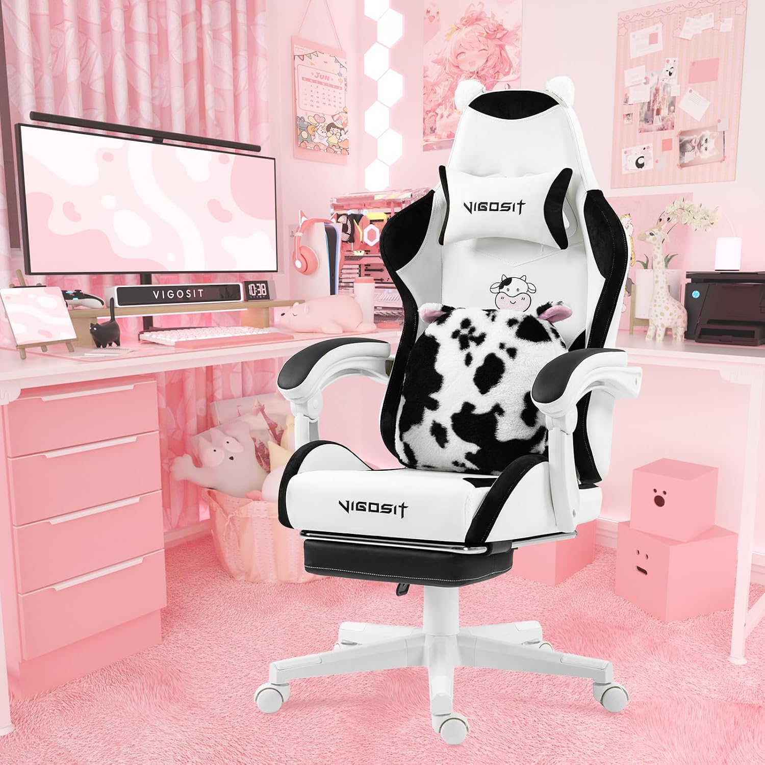 Vigosit Cute Cat Gaming Chair with Paw Lumbar Cushion, PC Video Gamer Chair for Girl Teen Woman (Black White)